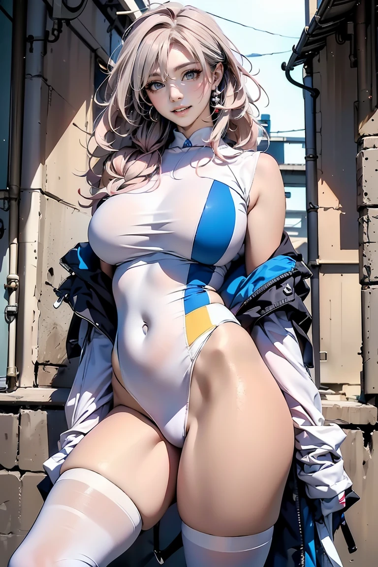 Roux Louka,mature female,perfect hands, perfect finger,perfect anatomy, masterpiece, best quality,realistic, hyperrealistic, 16k hdr, eff pilot,blue flight suit,gundamwingcockpit,large breasts,from below,sitting,spread legs,purple long hair,open zipper,navel,,no bra,cleavage,necklace,sweat,,(orgasm:1.2),red blush,open mouth,