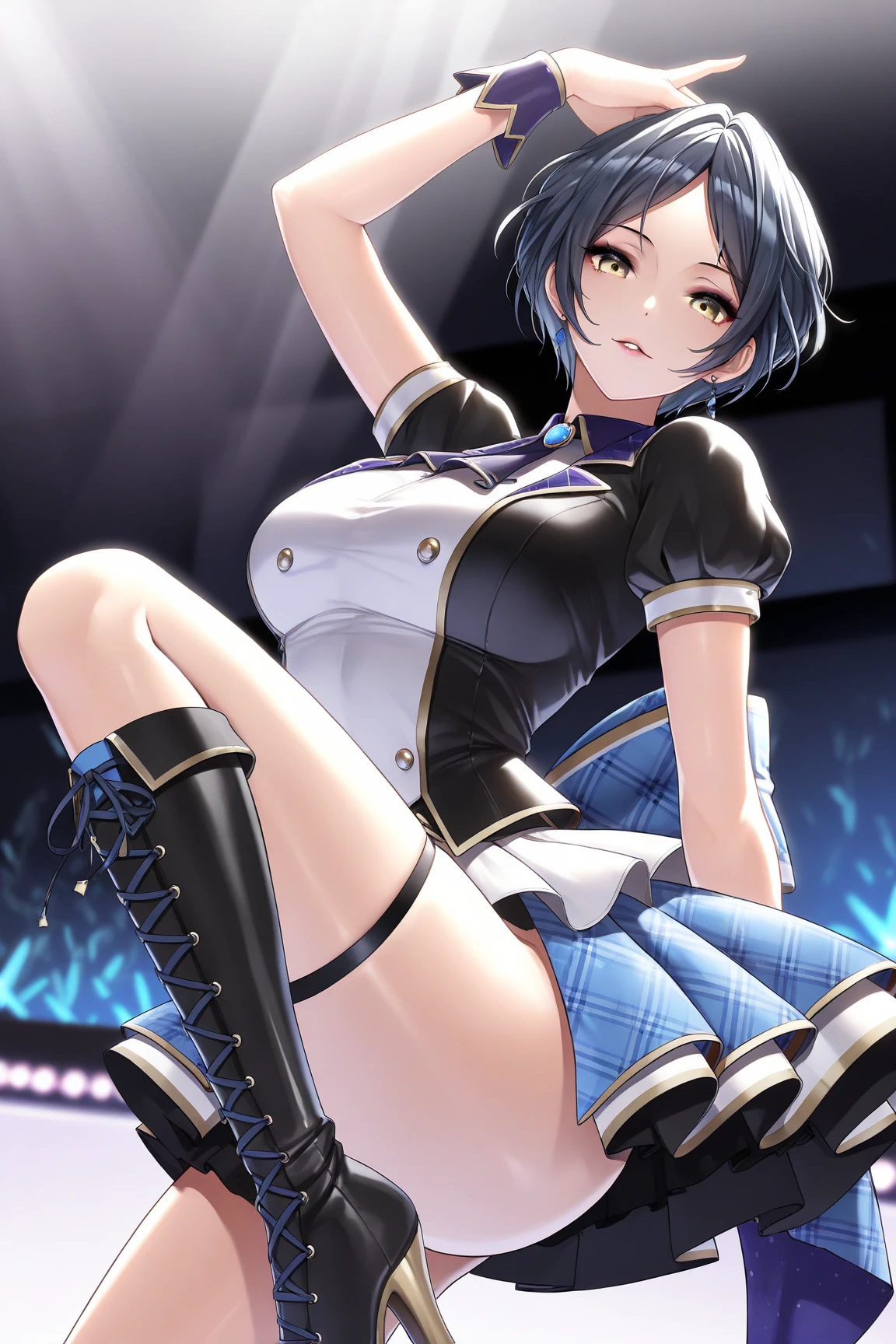 nsfw,masterpiece, best quality, detailed face,(ultra hi res:1.2),(illustration:1.3),(game cg:1.2),(official concept art:1.2),BREAK (midium breasts:1.2), (slender), (cdy:1.1), ((singing)), (stage,Spotlight:1.1), ((holding 1 microphone)), BREAK idolmaster, {{{anastasia}}}, (15yo,beautiful girl,cute girl),(beautiful blue eyes),(beautiful silver hair), (((extra short hair))),((spiky hair)), ((((mullet hairstyle)))),(wet hair), (wet skin),(dark blue idol dress),(((((see-through)))))), (open clothes), breasts, pink nipples, nipple slip, pussy, pussy slip, no panties,(embarrassed,smile), open mouths,(((one eye closed))),((tongue out)),(deep breathing),((spread legs)), (squatting),(spread pussy:1.3),(pubic silver hair:1.5),(one arm behind),(cum shot:1.3),(bukkake:1.5),(cum on head:1.3),(cum on mouths:1.3),(ecstacy),(((((sex,cowgirl,1boy,peniss into your pussy,pov))))),