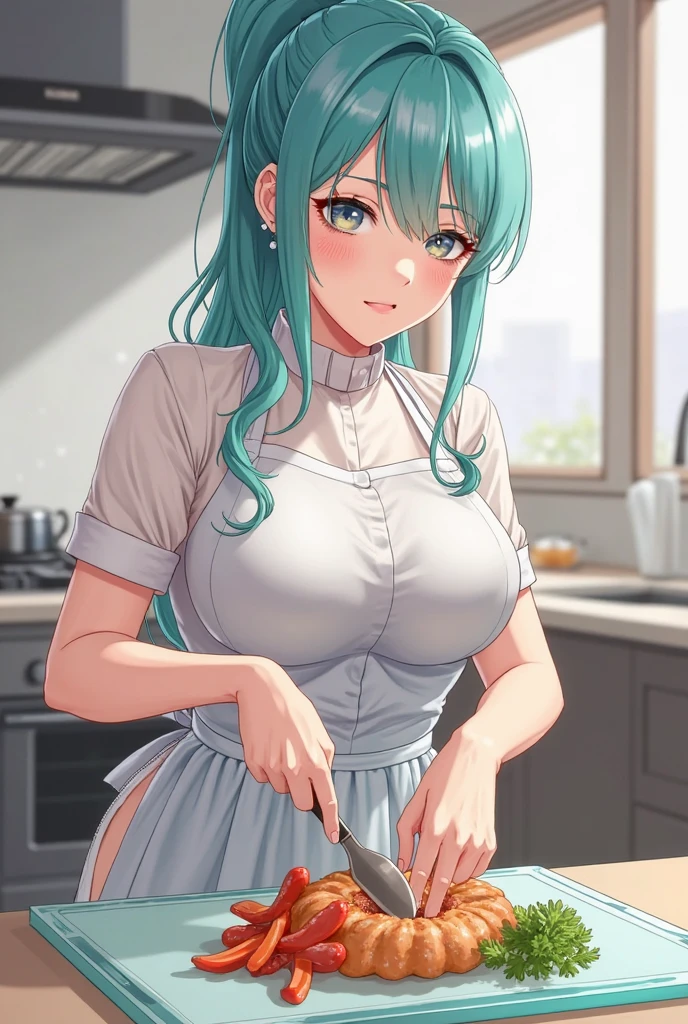 Beautiful asian woman, long silver hair, green eyes, wearing kitchen apron, busty, cute outfit
