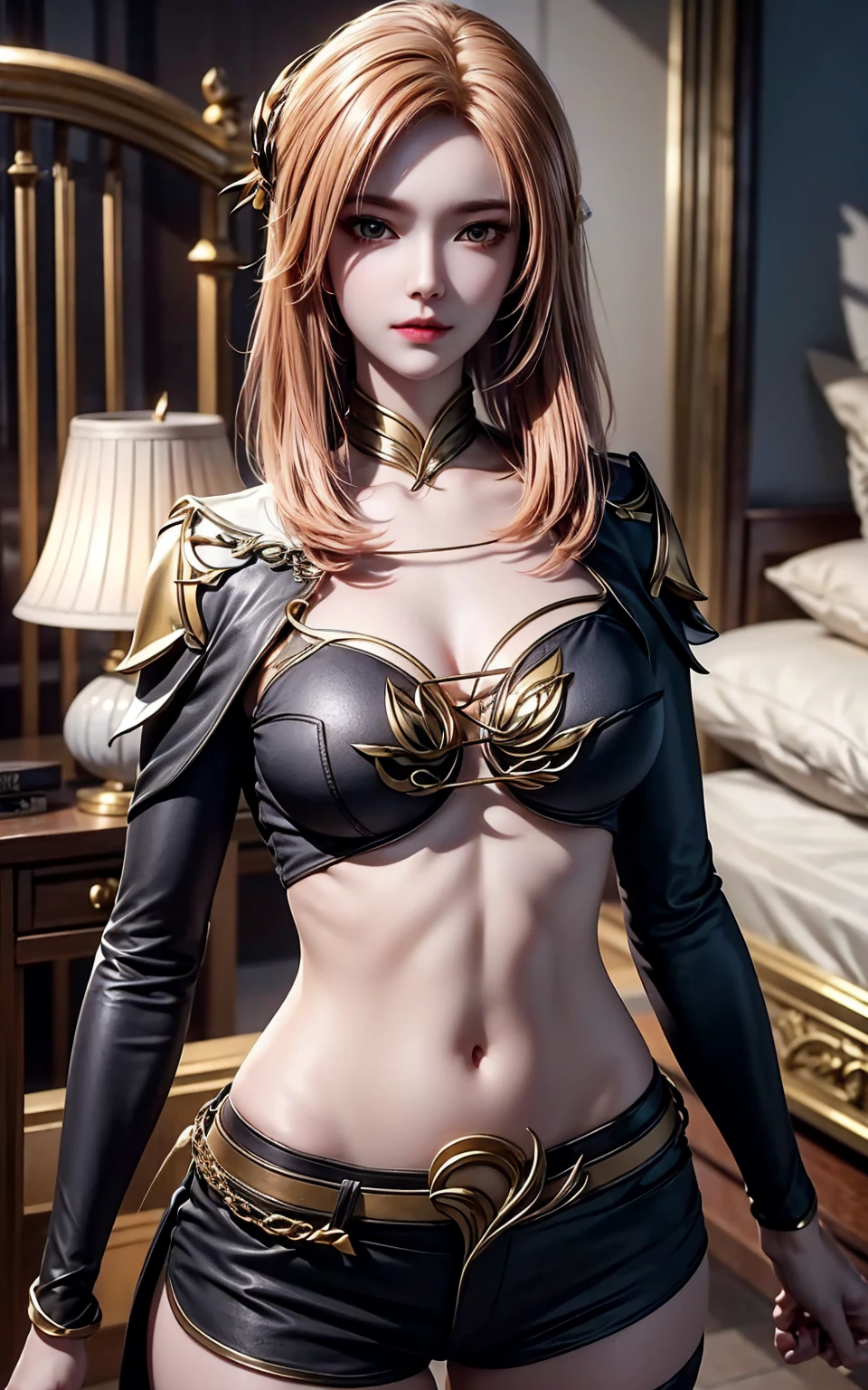 1 kawaii anime girl, NSFW, Japanese girl, Alone, bright aquamarine eyes, Glasses, Eyelids, blush, seductive smile, mischievous expression, Red lips, cute hair bangs, short bob hairstyle, bright aquamarine hair, Heart shaped earrings, neck, neckbone, attractive body, Thin waist, belly button, natural medium breast, neckline, belly button, flat chest, neckline, detailed erotic dress, Pink knight armor, gold and black color decoration on the dress, Erotic pose, looking at the viewer, flat green background, Upper part of the body