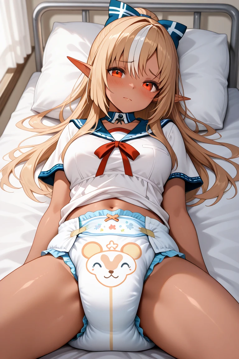 masterpiece, highest quality, High resolution, Venus 1, 1 girl, masterpiece, highest quality, High resolution, goblin slayer, shrine maiden, white and blue clothes, (1 girl:1.3), white hat, cowboy shot, Bedroom, On the bed, bed, bed, bedroom, spread your legs, shot, wedgie in underwear, (from below:1.5), Panty, realistic skin, shiny skin, shiny skin, sweaty feet, Skirt up, white panties, hetailed face, perfect sentence, Detailed CG, (perfect hands, perfect anatomy), (embarrassed look:1.5),