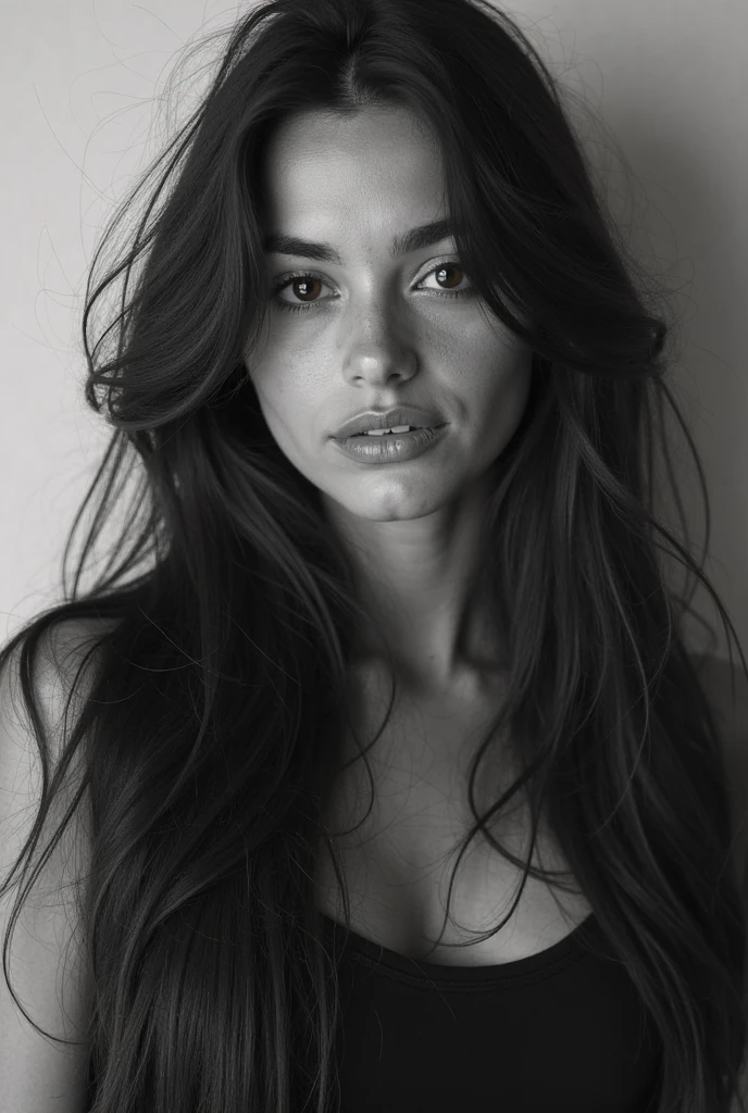 woman, (sexy and glam love), (perfect face), defined jawline, beautiful lips, (somber expression), (beautiful bright grey eyes), (long straight black hair, straight bangs), (perfect anatomy), (athletic body), (sexy) (black mini bikini), (medium shot photograph), (black and white monochromatic photograph), realistic