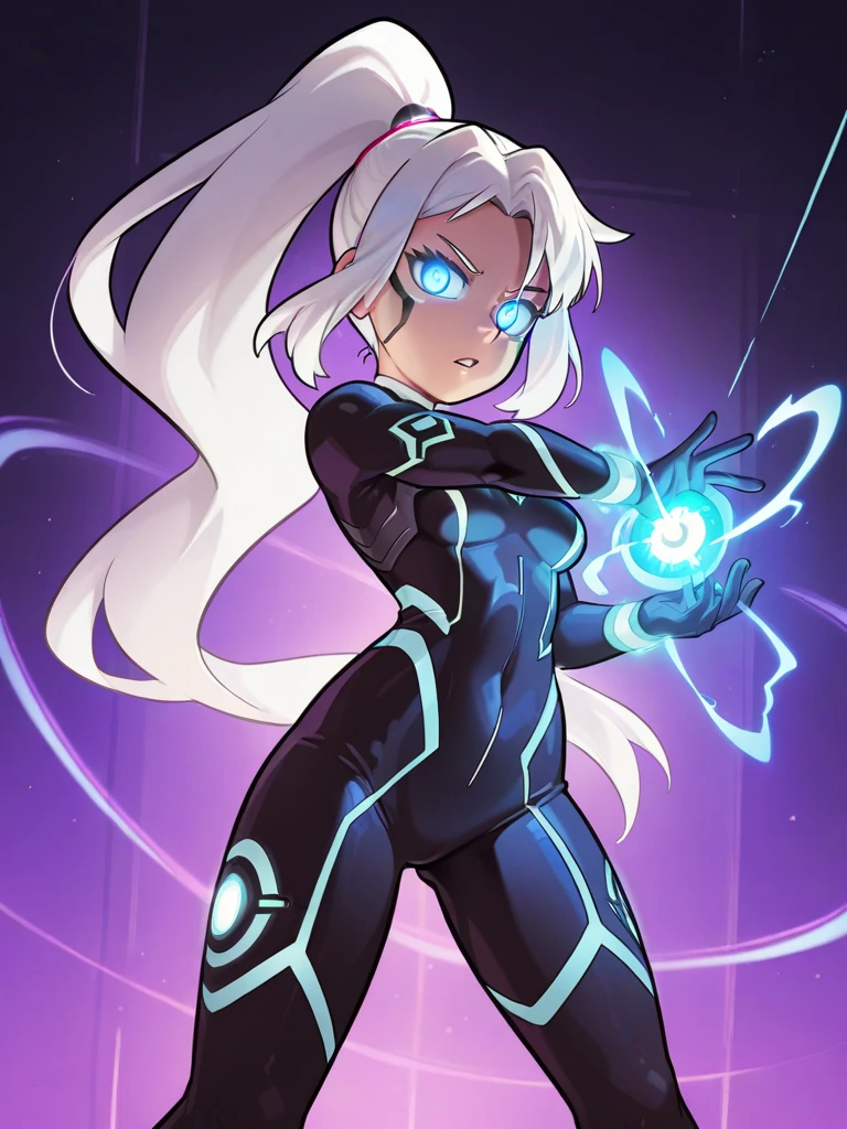 Aurora's skin is a light purple hue, with a soft and radiant hue. Its complete artistic design is composed of a slender and athletic body, with well-defined muscles. Her hair is short and messy, in a shade of bright electric blue that seems to radiate energy. She has a side bangs that fall slightly over one eye, giving a mysterious look to her look. Aurora wears a sturdy, fitted jacket of dark gray color with blue accents, representing her connection to electricity. She wears black combat gloves and boots, which provide stamina and mobility during her high-speed stunts. Aurora also carries an electronic device on her wrist, which amplifies her electrical abilities and allows her to manipulate energy currents with greater precision.

Aurora the Blitz is a unique character with an enigmatic personality and a powerful story. She stands out as a force for good in her reality, fighting the dark forces that threaten peace and freedom.