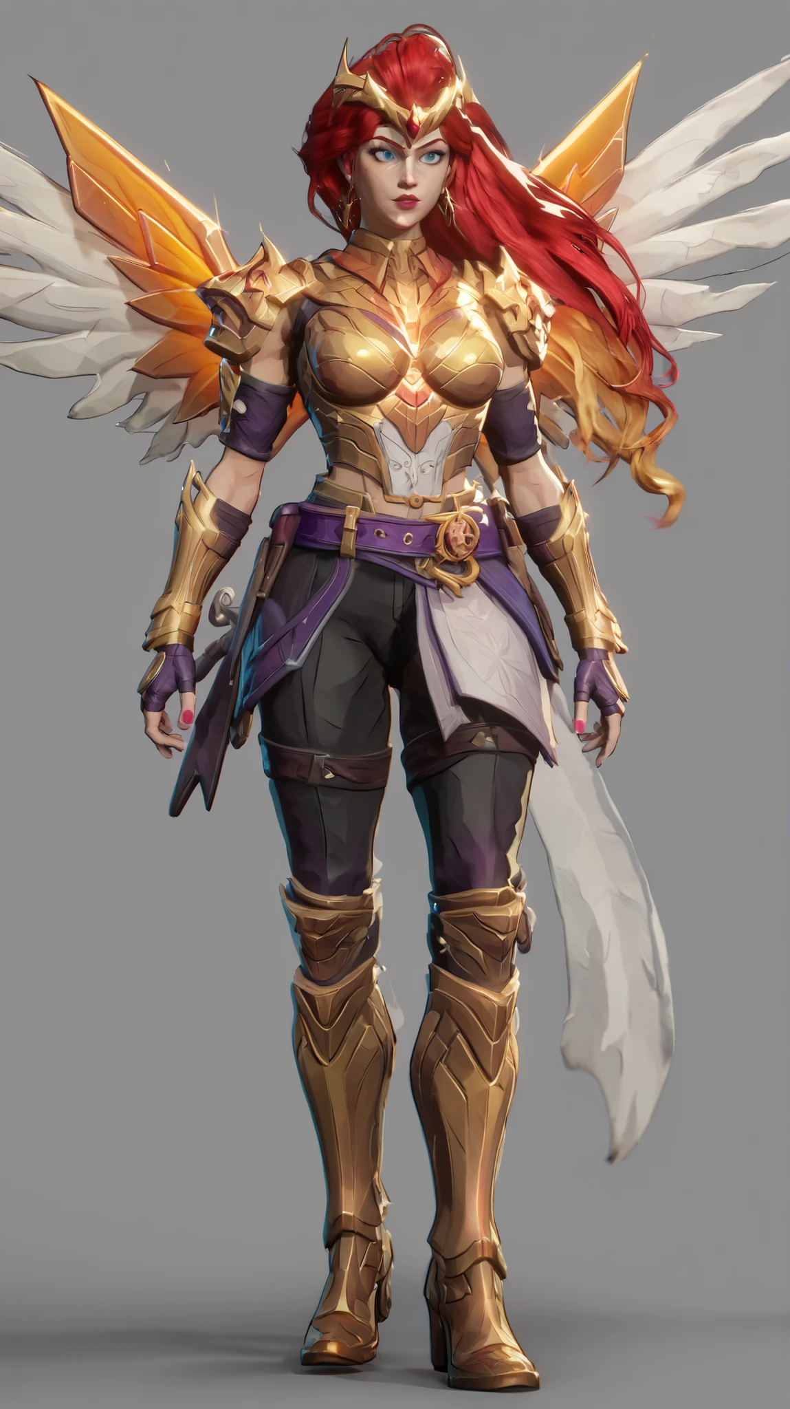 Angela - Duelist Role Overall Theme: A warrior from Heven, Angela channels precision and agility over brute strength. Her armor is ceremonial yet lethal, echoing her origins as a divine assassin and daughter of Asgard. Appearance (Default + Costume Shown) Hair: Fiery red-orange, voluminous and flowing down in curled locks. She wears a winged golden helm with pointed ridges part crown, part armor giving her a divine and fearsome presence. Eyes: Glowing gold, evoking a celestial power within. In idle stance, her gaze is intense, always scanning for threats. Torso Armor: Her top is a sculpted, asymmetric golden chestpiece with ridged textures battle-worn yet regal. One shoulder has ornate golden armor plating, while the other is exposed, showcasing her agility-focused design. Arms & Gloves: Silver and gold segmented gauntlets climb up both arms with purple gloves underneath. Her right arm features a red armband--possibly an energy band or divine binding symbolizing her Heven roots. Legs & Boots: Gold armored thigh-high boots with scale plating, flexible enough for combat dashes and aerial spins. Her left leg is wrapped in purple combat straps and leather belts for utility. A long white cloth and purple ribbon hang behind her, fluttering as she moves, almost like battle streamers. Belt & Accessories: Dual leather belts crisscross her waist, holding pouches and daggers. Long blade sheaths hang at her hip, hinting at her fast, slashing playstyle. VFX and Movement Details • Passive Glow: Subtle golden shimmer along armor edges when idle or in low health. • Dash Trails: Swift golden-orange streaks with faint celestial runes. • Critical Hit Effects: Impact slashes leave a brief "celestial wing" echo behind enemies. 3D video game render. Gray gradient in the background.