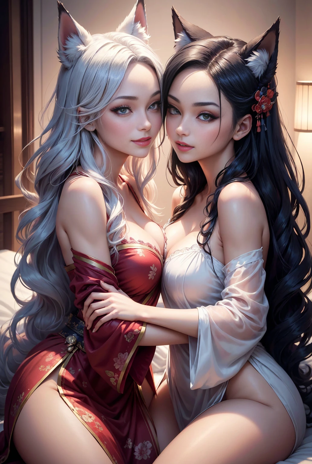 Best quality,Amazing,Masterpiece,Delicate,超高分辨率,Ultra detailed,intricately details,Beautiful detailed,8K resolution,(Extremely detailed Cg Unity 8K wallpaper),Sharp focus,((No text)),breast conscious,Huge bare breasts,Areola bareness,Bare breasts explode,Lively bare breasts,Bare breasts,High transparency and transparency of bikini tearing,,Tongue stock,Makeup,Happy,Reflectors,ahegao,Pink eyes,Heart earrings,2girls,Female pervert,view the viewer,hair flower,Long hair,multicolored hair,Shiny hair,Barefoot,Bottomless,Thick thighs,Bare legs,Look at each other from the front、((Feminine kiss))、(((French kiss for women)))、Women hugging each other,As if pushing each other、Staring at each other、Moist eyes、half-open lips、Beautiful、Red blush(0.2)、Functional、seductiv、Trance、instigate、Beauty、bustup、Shunguang、、Shoot diagonally down from the front、precise drawing、Detailed drawing、Precise anatomy、