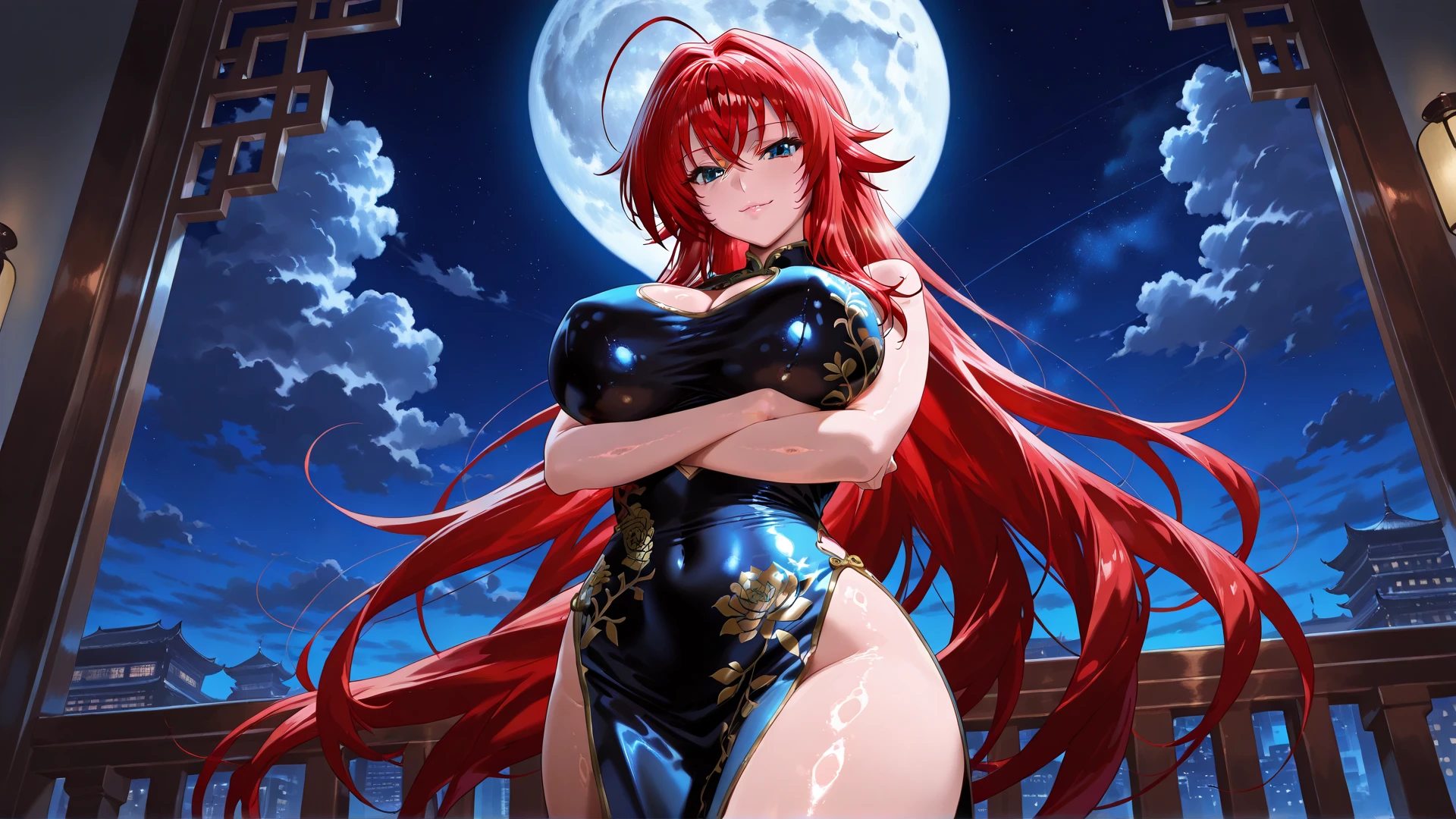 super high image, super detail, super high resolution, best quality, (full body image), ((anime)), (((masterpiece))), , (((girl))),(pretty face), (perfect body), (hourglass body shape), (high quality hands), ((long glossy red hair)), (beautiful eyes), ((massive breasts:1.2)), (showing cleavage), (sexy), (((taimanin outfit))), sexy expression, (((erotic pose))), (thin waist:1.0), (wide hips:1.2), (thick ass:1.0), ((city skyscape background and night))