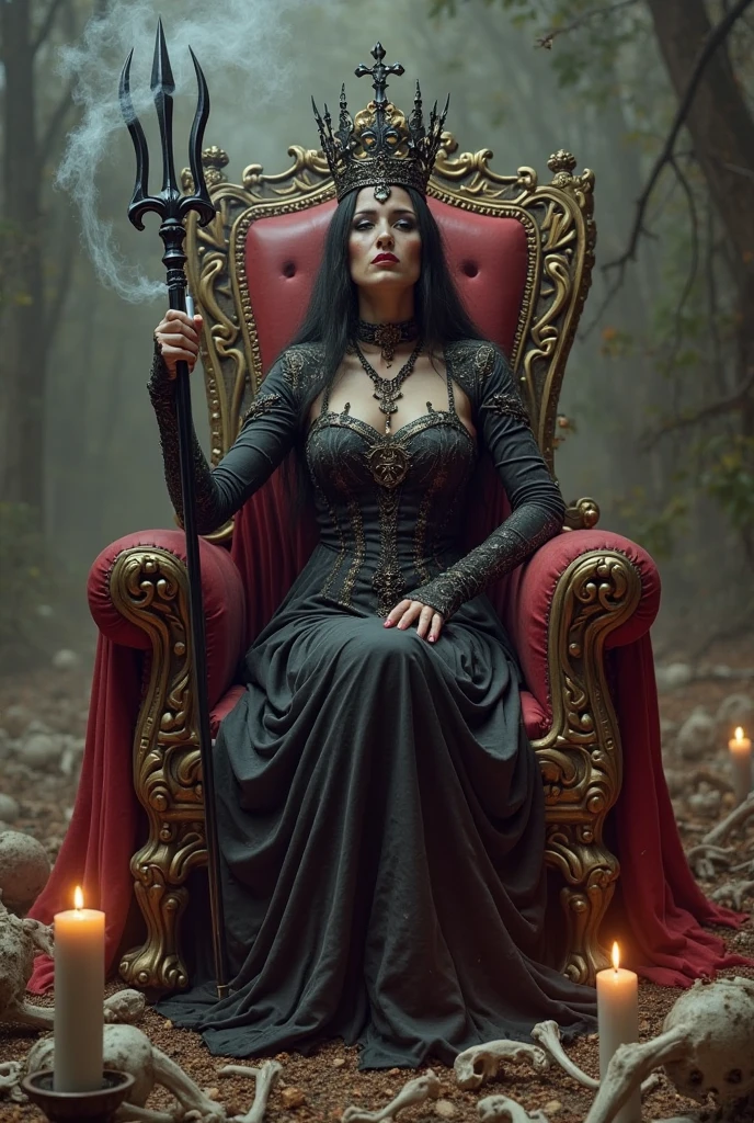 generate image of a powerful witch sit on the throne made of skulls worn a crown