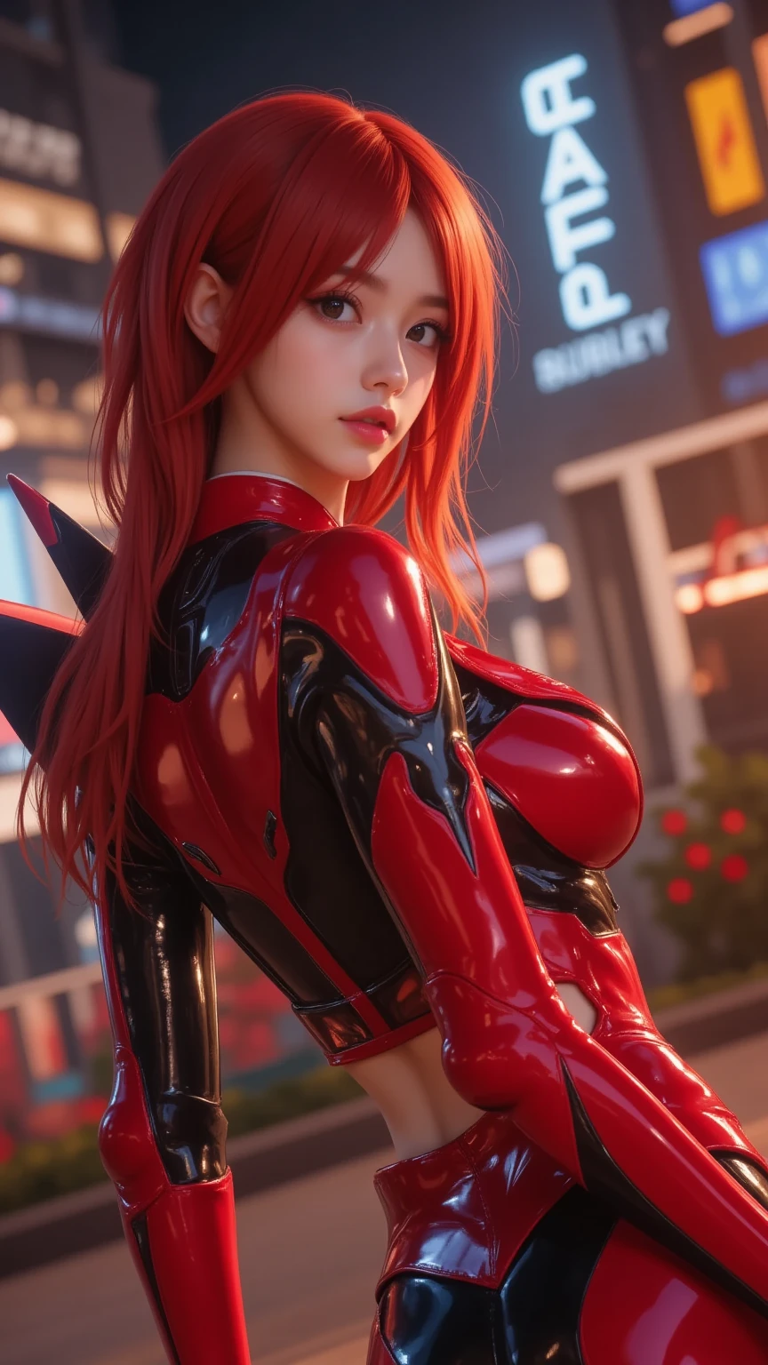 best quality, 32k, RAW photo, incredibly absurdres, extremely detailed, beautiful woman, mechanical blue eyes, glossy ponytail, amorous expression, lewd expression, wearing iridescent red rubber suit with golden embroidery, black leather long coat, cyberpunk, armed, huge breasts, slender, perfect proportion, beautiful glossy brown hair, background ruined dim buildings, scattered dust, rainbow colors neon line light, delicate, flashy and dynamic depiction, professional flare lighting
