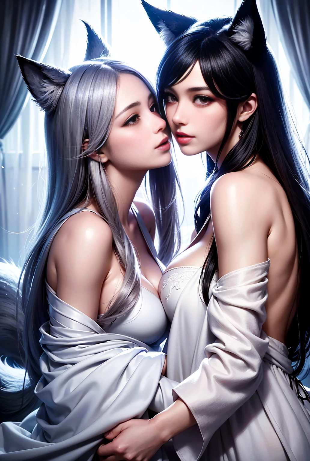 (naked:1.5), 17yo, 2girls, beautiful breasts, beautiful nipples, twintails hair style,,（tmasterpiece：1.2），beautifuldetails，highly colorful，exquisitedetails，The delicate face of，eyes with brightness，The details are complex，Realiy，Ultra photo realsisim，A very beautiful girl and a gray-haired fox sat on a branch：1.1，Large breasts，Raised sexy，seductiv，Ethereal fox，Nine-Tailed Fox，Fox three-tailed fox，onmyoji detailed art，Nine Tails，a beautiful artwork illustration，a mythical creature，Red fox，beautiful digital works of art，Exquisite digital illustration，Mizutsune , Inspired by the mythical creature Wild Net，digital art on pixiv，strong lights，highly contrast，Horror movie themes，Dark atmosphere，The art of fine arts，Perfect visual composition。