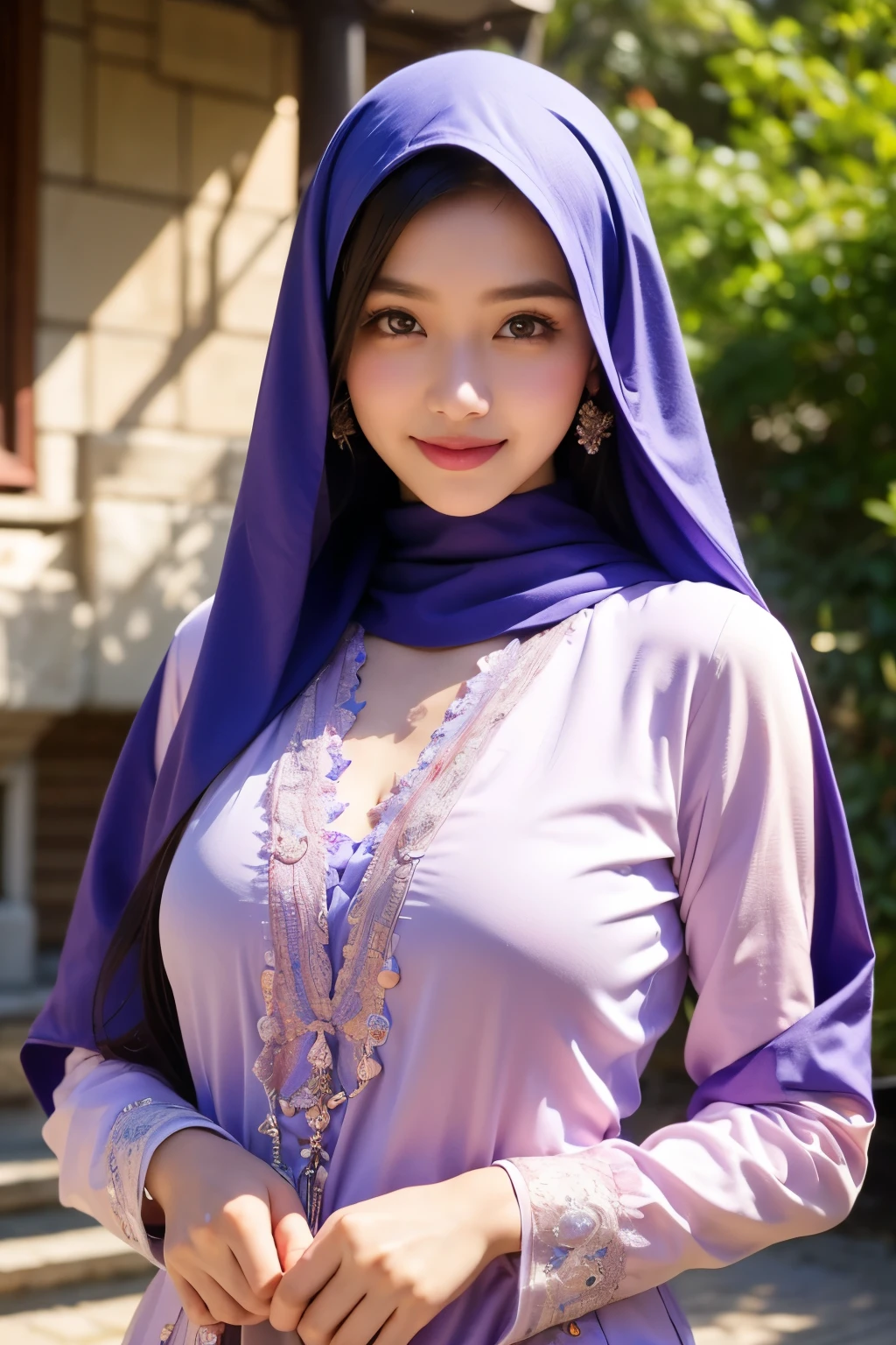 Cute Pakistani girl in hijab wearing patung dress with seducing pose, big smile, laughing, happy, big front teeth, bustling nighttime city, wearing hijab, bright golden color hijab, beauty skin, huge breast, nipple erected detailed, dark hairy pussy, thick thighs bright lighting, big round ass, cute face, slim abs, 35mm lens, Extreme close-up, pastel color grading, depth of field cinematography effect, romantic film genre, 8k resolution, high quality, ultra detail,