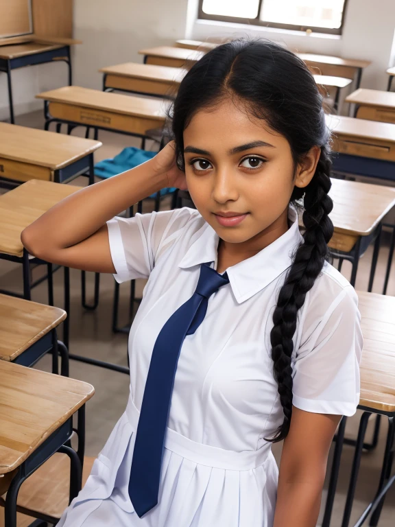 kneeling in the classroom  , Sri lanka school girl with long hair wearing a tie and glasses, wearing white frock, with black braided hair, wearing a , cute , with long hair, girl with plaits, with lovely look,