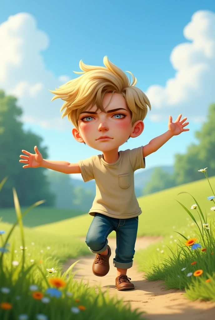 David boy, young, shepherd, child, happy, adventurous, brave, explorer, slightly curly blond hair, blue eyes, green shirt and shorts, surprised, finding treasure map, green hills landscape, children's cartoon, drawn in a simple style for children, a white background