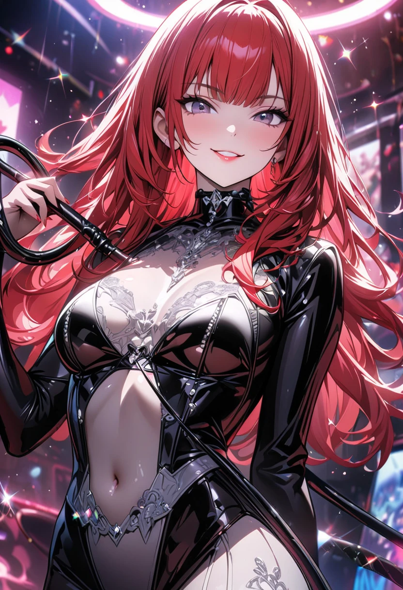 Erotic　Persona 4 Mitsuru、Red hair long waves、Curly Hair　Tall busty mature married woman, purple sequins, female executive in rubber suit, red black background, heart shaped bedroom, dark theme, evil, temptation, excitement, sneer, sexy pose, upper body emphasis, angle from below, bat wings, succubus