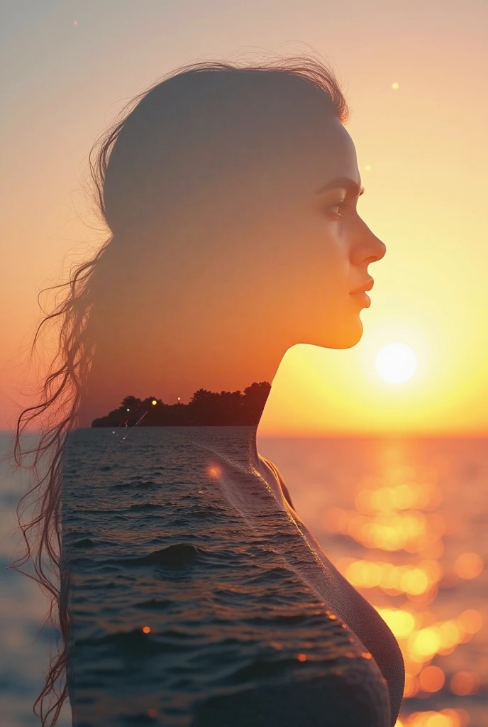 high quality, 8K Ultra HD, Uma bela double exposure que combina uma silhueta de deusa com a costa ao pôr do sol, the coast at sunset should serve as a backdrop, background with its details embedded in the goddess,  sharp lines, The background is monochrome, sharp focus, double exposure, By Yukisakura, full color