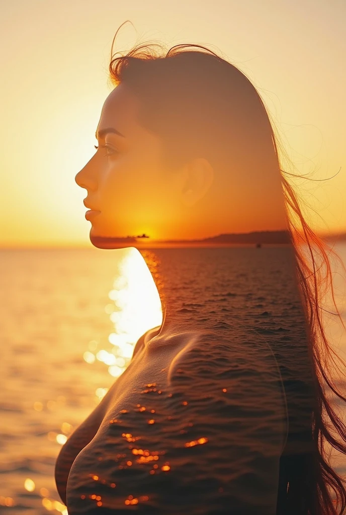 high quality, 8K Ultra HD, Uma bela double exposure que combina uma silhueta de deusa com a costa ao pôr do sol, the coast at sunset should serve as a backdrop, background with its details embedded in the goddess,  sharp lines, The background is monochrome, sharp focus, double exposure, By Yukisakura, full color