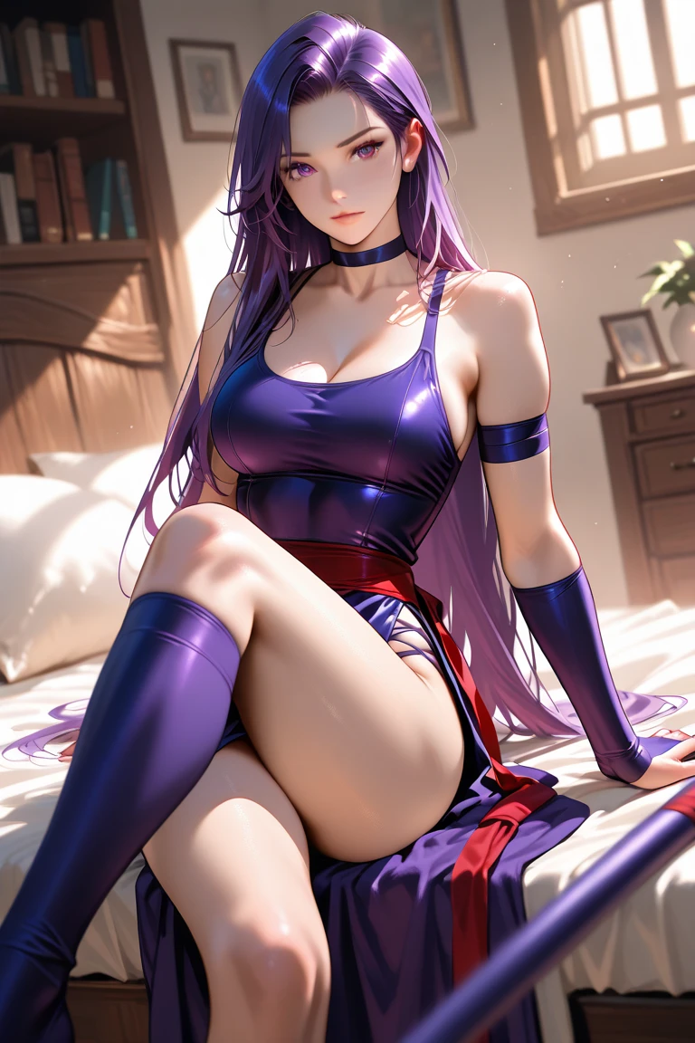 Girl with long purple hair, Slim, pretty, little chest, no lingerie, on all fours