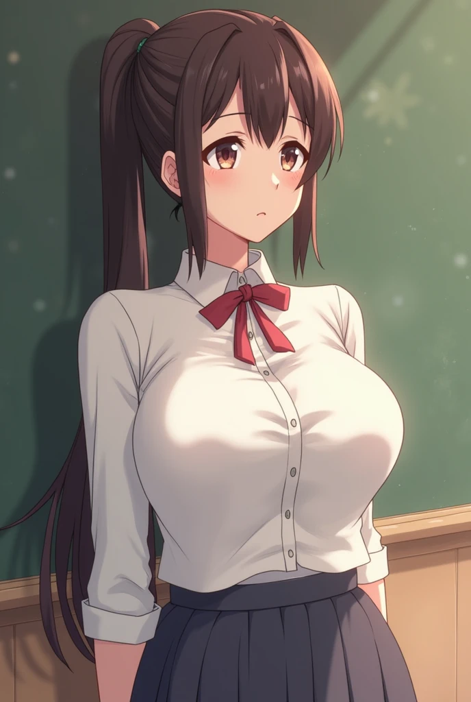 absurdres, highres, ultra detailed, high quality, (1girl:1.3), azumanga daioh's , huge breasts, brown eyes, brown hair, glasses, mizuhara koyomi, azumanga daioh, long hair, long sleeves, pink shirt, pleated skirt, red skirt, plump , serafuku, frown, sulking, tsundere, wide hips, thighhighs, breast curtains, curvy, no bra, gigantic breasts, thick thighs, thighs, classroom, masterpiece, collarbone, large breasts, blush, outdoors, blurry background, large hips, huge butt, plump, sexy, Milk meat spilled from the armor, bubble butt,Smell,sweat,((Breasts are larger than the torso)),(((Crazy swollen breasts))),((Exaggerated body proportions)),(Nine-headed body),a plump buttocks,slender leg,Thick thighs, camel-toe,Lift, extremely tight clothes, extremely delicate and beautiful, perfect lighting, perky breasts, (((wide hips))), ((thick thighs)), (chubby), chubby belly, fat rolls, belly hang, intricate background, detailed background, busty, gravure pose, seductive pose
