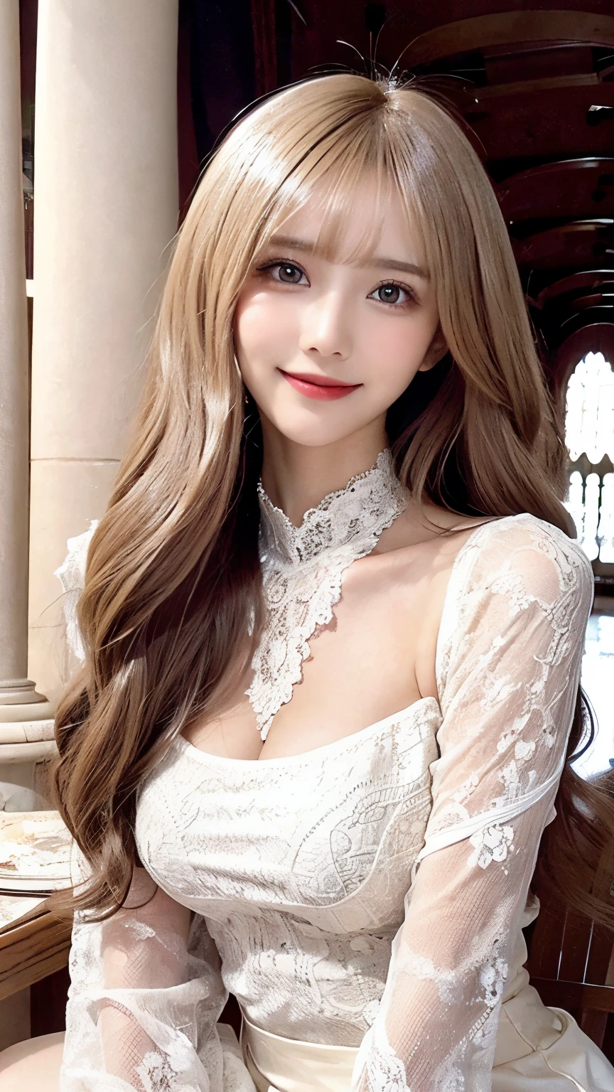 Latex bodysuit、Knee-high boots、Huge 、Long brown hair、Shiny, Oily skin、Glowing Skin、Indoor competition pool、White skin、(RAW Photos), (Realistic), (masterpiece), (Highest quality), High resolution, 8k resolution, (Intricate details), (Lightweight and voluminous), Portraiture, woman, Medium Hair, Straight hair, Layered Hair, Brown Hair, Highly detailed eye, Very thin eyebrows, Highly detailed skin, Highly detailed mouth, Highly detailed nose, Cute like an idol, smile, ((Thick lips)), ((look into the viewer'eye)), (Shapely breasts), (Cleavage), , (Westshot), Bright cafe terrace background with city view, Randomly oriented bodies