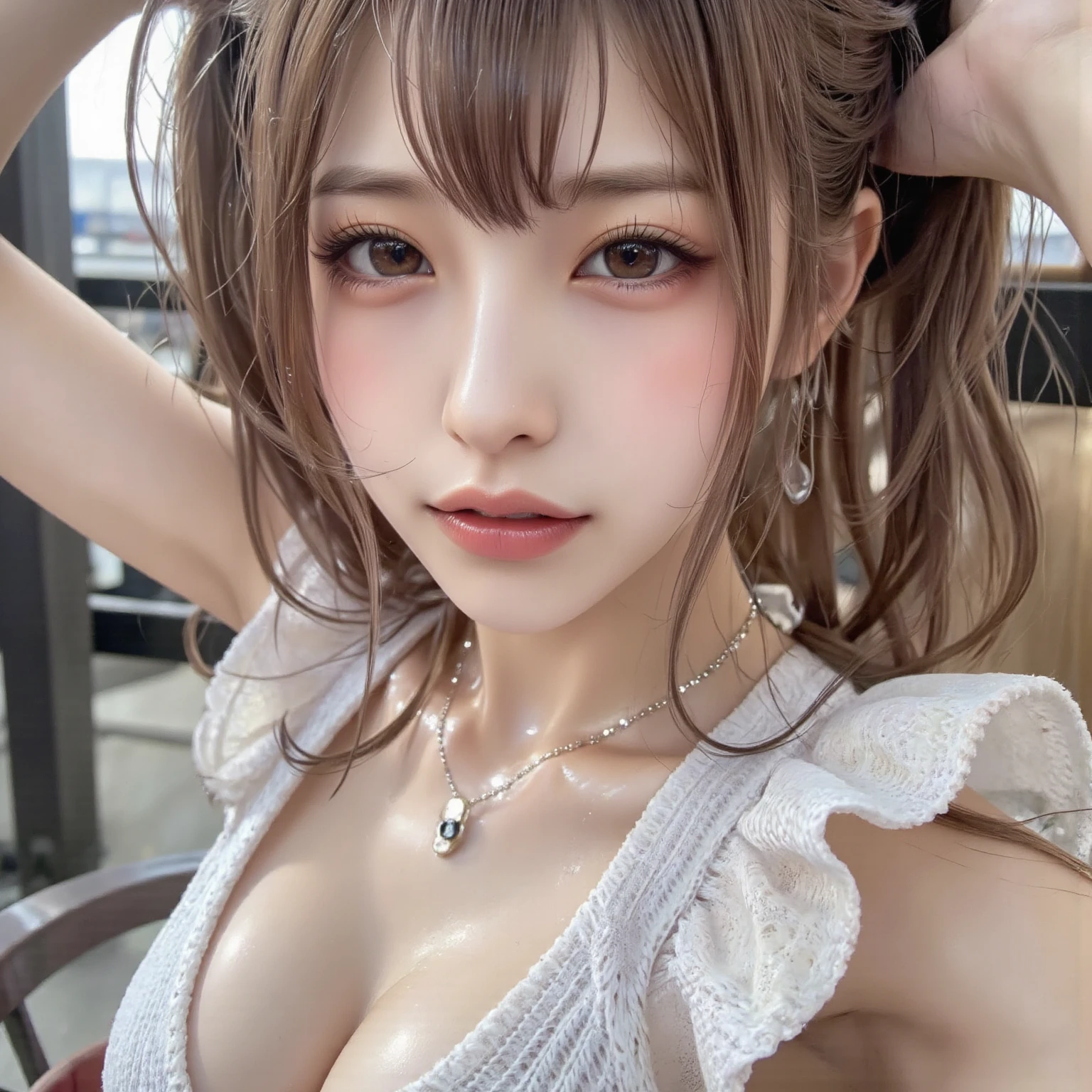 (Eye Focus:1. 3),8K,RAW Portrait,Model Pose,Sharp Focus,Realistic,Ultra High Resolution,Top Quality,(Natural Skin Texture,Fine Skin,Ultra Realistic,Ultra Sharp),(Correct Human Body,Perfect Image Realism,Perfect Anatomy),(Beautiful Elaborate Face,Beautiful Facial Line ),(left-right balance),(intricate details, depth of drawn borders, random sexy pose, ((one woman))), (22 years old:1.5),(cute idol), woman studying art,(make-up face), glossy lips, Makeup that emphasizes the eyes, well-groomed eyebrows, (Glossy smooth hair, ash brown hair color, twin-tail hairstyle:1.8)), model body, slim figure, ((small breasts, flat chest)), (protruding nipples), ((visible nipples: 1.5, clean nipples)), (bright, cheerful, friendly woman:1.2), denim shorts, colorful T-shirt, Cropped T-shirts, bare belly button, loose socks, baggy socks, colorful sneakers, bright orange shiny panties, lace decorated panties, thin panties, sexy lingerie, (colorful earrings, multiple necklaces, bright orange charm necklace, Bold silver bangles, wearing many accessories), idle sculpture,dslr, downtown,