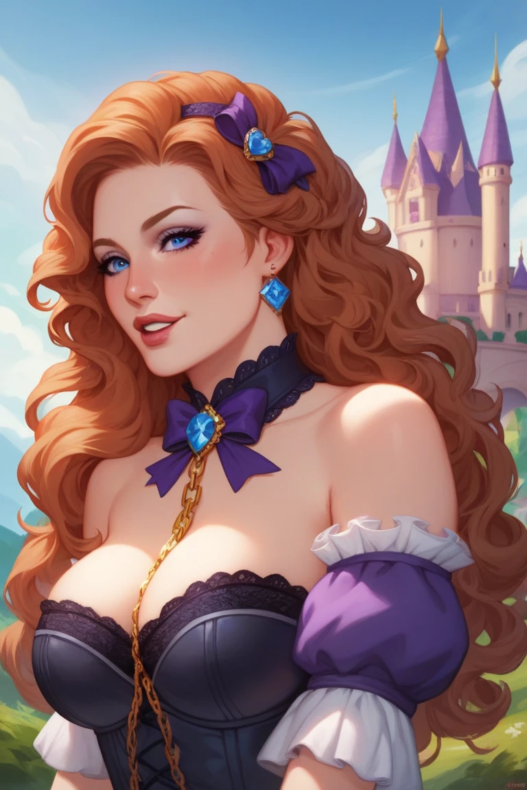 1woman, cleavage, in a castle dungeon, hands holding own hips, smirk, big breasts, wide hips, big ass, Anna Henrietta, nighttime