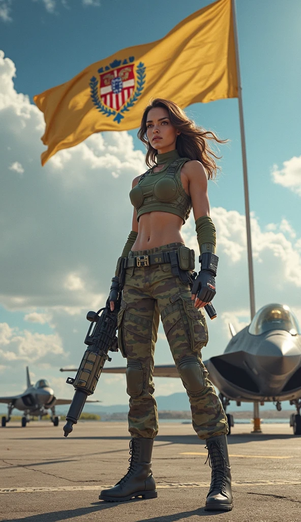 photorealistic, ultra realistic,3D, artstation, cgsociety, 8 k, award winning photography of a beautiful woman walking battle front, (fashion military warrior), (hijab), cheekbones, detailed face, Bejeweled, a nice long leather jacket, straps, torn camo pants, torn clothes, (exquisitely detailed skin, perfect anatomy, wide hips, smooth midriff, thigh gap), military tactical glasses colorful, vibrant battlefield background fire explosions military vehicles