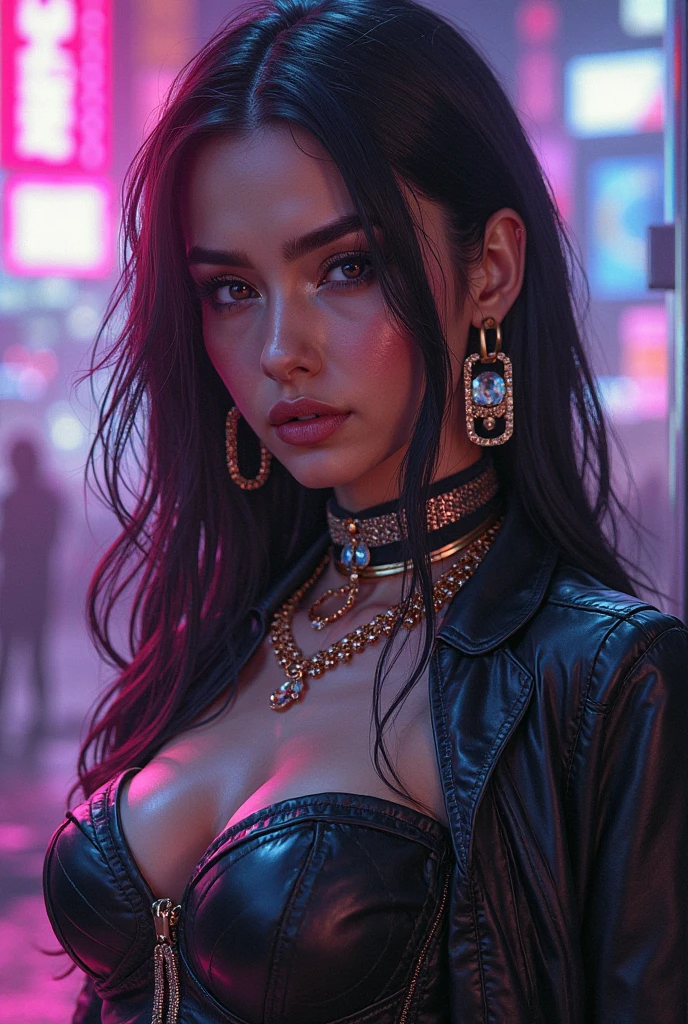 Beautiful sexy busty woman with wavy long hair, cyberpunk visuals.