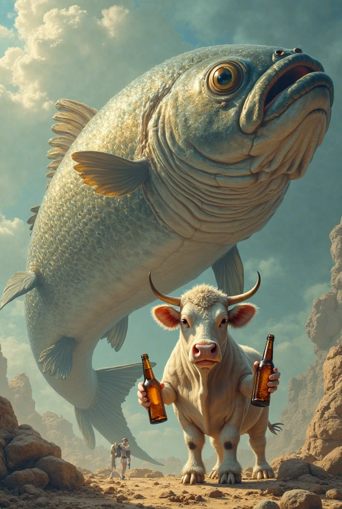 A fishing bull with his fishing rod, well defined:1.3, sitting on a chair by a river, holding a fishing rod, drinking a beer, wearing a bucket hat, boat nearby, surrounded by a forest and rocks, extremely detailed, funny, satirical surreal scene.