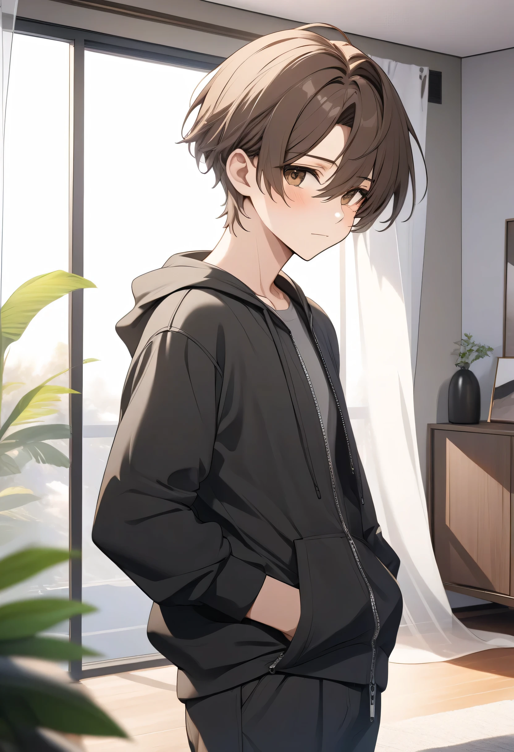 Masterpiece, better quality, High resolution, UHD, perfect pixels, depth of field, 4k, RTX, hdr))), A boy , alone, half body, Art Style, anime character breasts, ((Mirada Serena, short hair on the sides, dark brown, separated from the hair to the side)), ( brown eyes: 1.2,), (Detailed face, blush: 1.1),Standing facing forward, foreground, ), He wears a gray sweatshirt, Pantalon Mexclilla, lightweight black jacket without flap, unfastened zipper, ( in the background, the interior of a living room with white walls and modern green furniture, is standing in front of a window with a translucent curtain where the sun's rays enter
