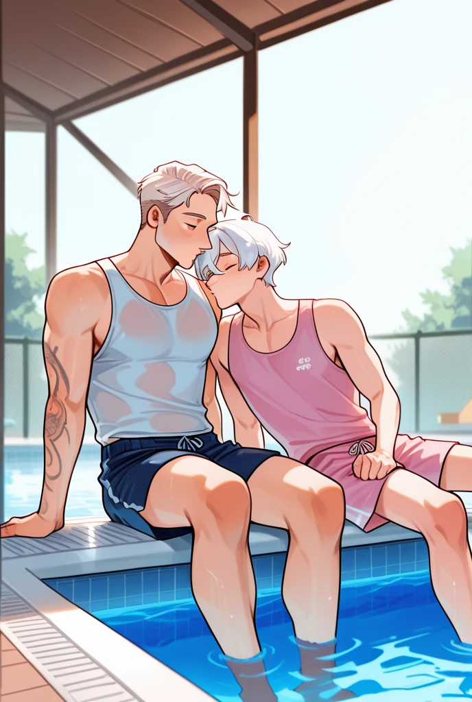 Human Male,elderly,Strong Man,Playing with nipples,Sweating,muscular,nude,high quality,best quality,Thick hair,Thick chest hair,Floating in the pool,Legs wide open,whole body,pectoralis major,Playing with the buttocks,Big Ass,Smile,Sexy,Back to the audience,Third perspective,Briefs,muscular,Pink nipples,Nipple piercing,Nipple Rings,Kiss affectionately