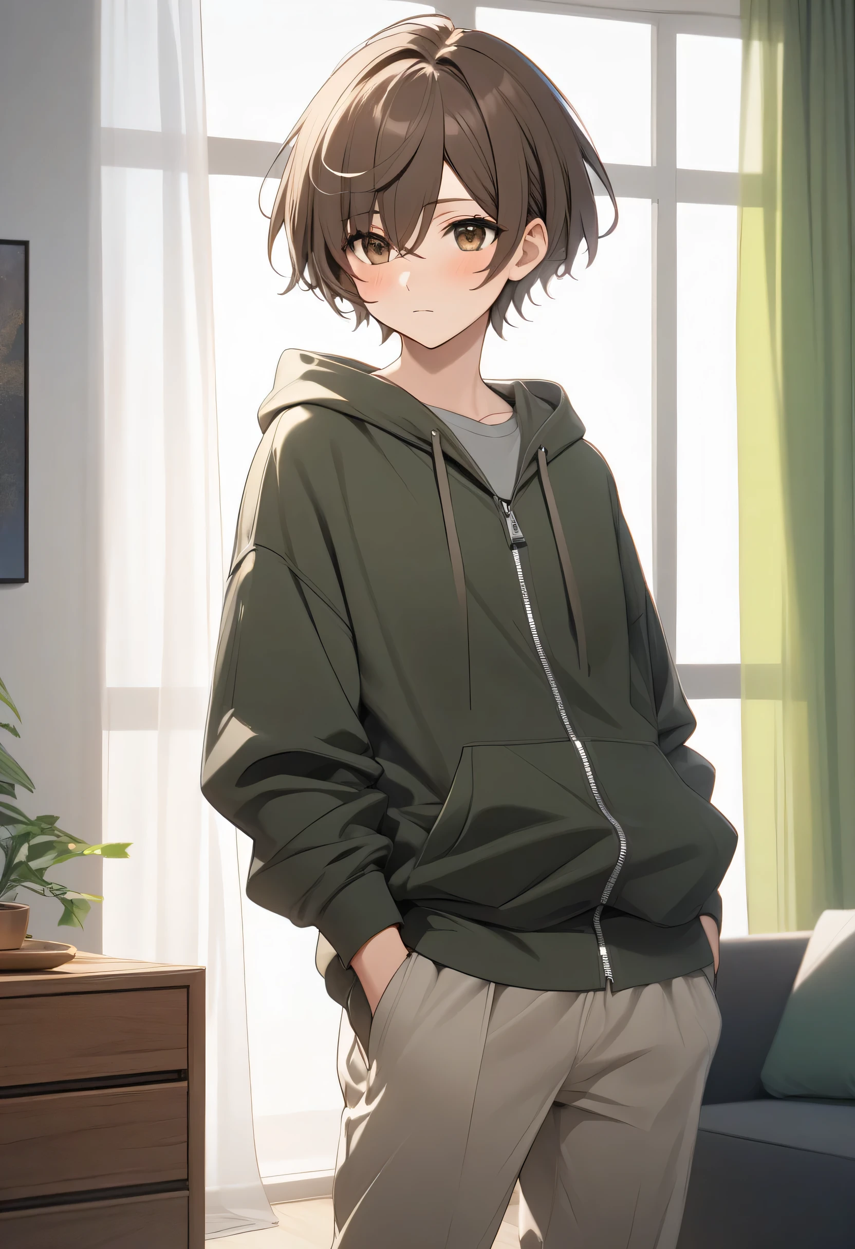Masterpiece, better quality, High resolution, UHD, perfect pixels, depth of field, 4k, RTX, hdr))), A boy , alone, half body, Art Style, anime character breasts, ((Mirada Serena, short hair on the sides, dark brown, separated from the hair to the side)), ( brown eyes: 1.2,), (Detailed face, blush: 1.1),Standing facing forward, foreground, ), He wears a gray sweatshirt, Pantalon Mexclilla, lightweight black jacket without flap, unfastened zipper, ( in the background, the interior of a living room with white walls and modern green furniture, is standing in front of a window with a translucent curtain where the sun's rays enter