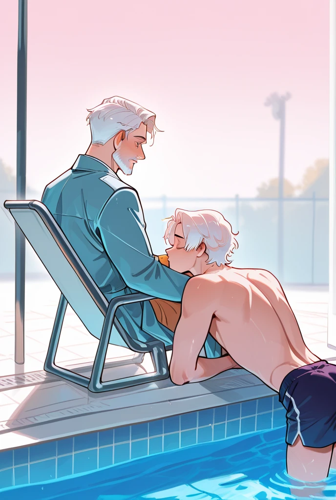 Overwatch, One old man Reinhardt and one young D.va, age gap, age difference, giant tall size, old man 70, long beard white, swimsuit, face smile, hairy body, naked, big long penis erect, cumming, he carries his girlfriend strongly with both hands, kissing mouths loves, ass fuck positions, sexy young girl 18, size tiny and skinny, face embarrassing blushed, in comfort sitting position for sex, one old man, one young girl, naked, nsfw, on swimming pool.