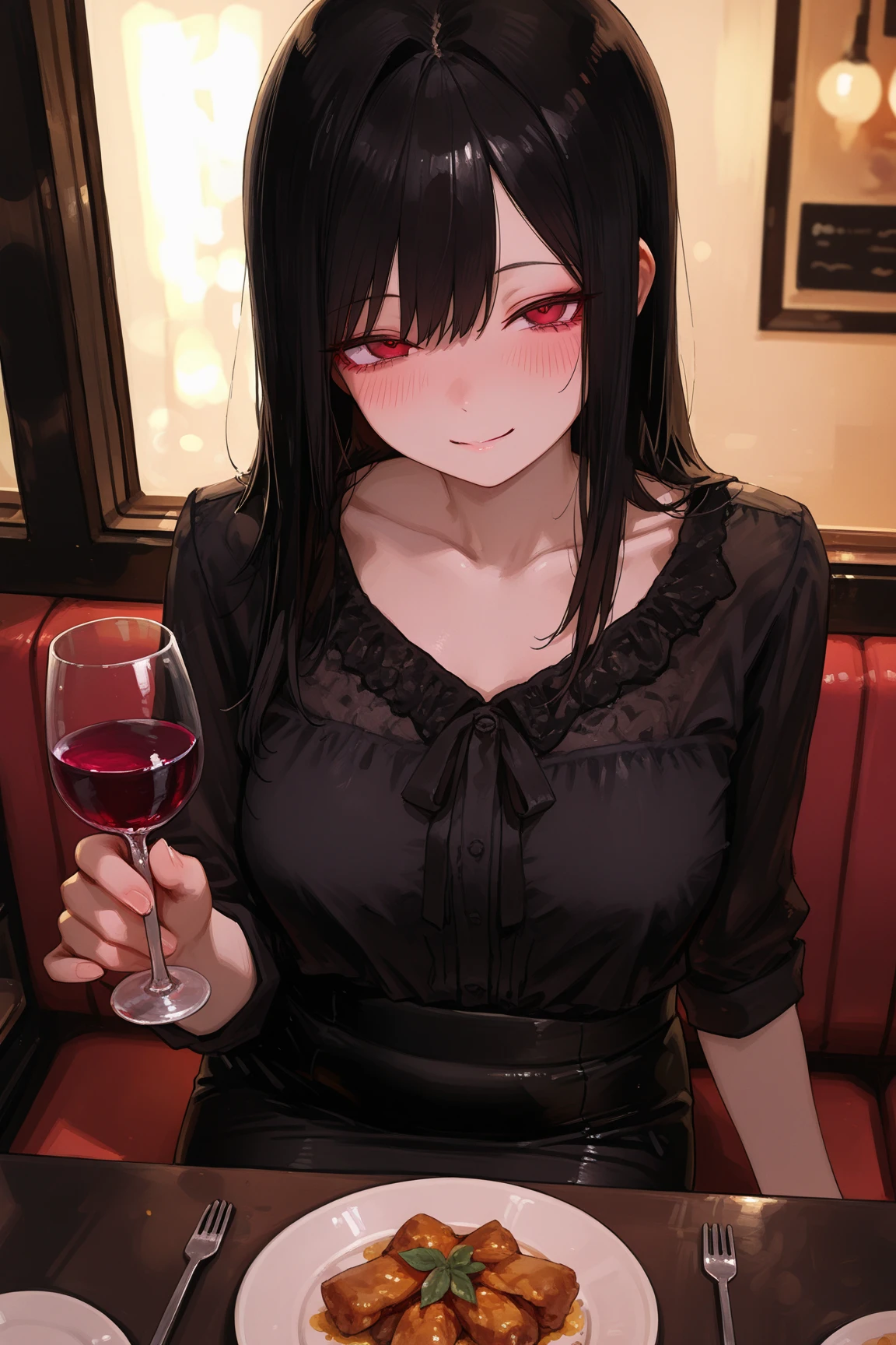 <lora:Onineko:0.8>1girl, long hair, solo, red eyes, looking at viewer, cup, wine glass, bangs, smile, drinking glass, candle, planet, upper body, open mouth, collarbone, bare shoulders