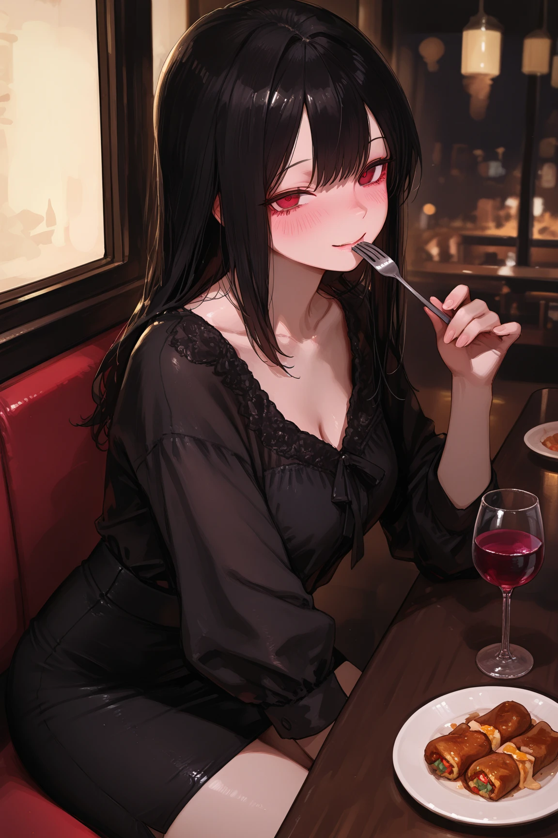 detailed illustration, dynamic angle, ultra-detailed, illustration, 1girl, late 20’s year old, dark, night, in a fancy restaurant, eating dinner at a nice table, nighttime, vampire, black dress, cleavage, red eyes, detailed eyes, long black hair, from the side, melancholy, sad, frowning, unsatisfied, depressed, well endowed, larger bust, a little drunk,