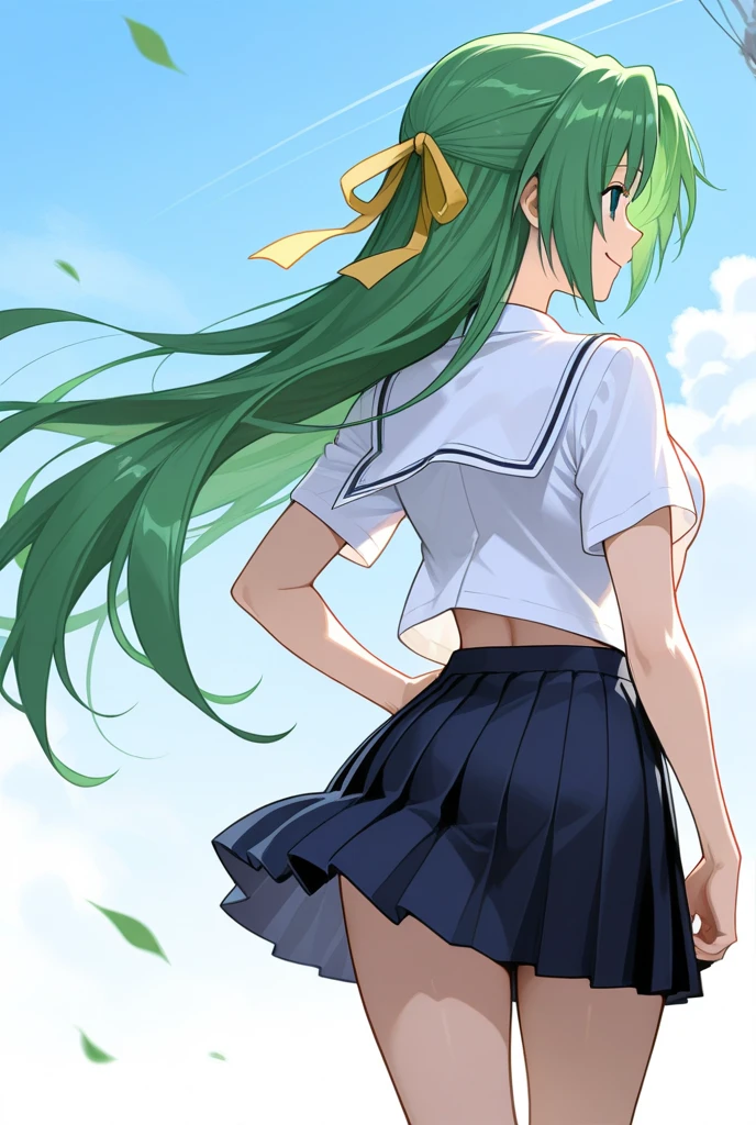 (8K、Highest image quality、highest quality、masterpiece)、detailed face、 1 girl、blue green hair、twintails、blue green eyes、smile、small breasts、((serafuku))、((school uniform,))、((black pleated skirt))、((blue green stripe panties))、cowboy shot、look back、Take a photo from behind、outdoor