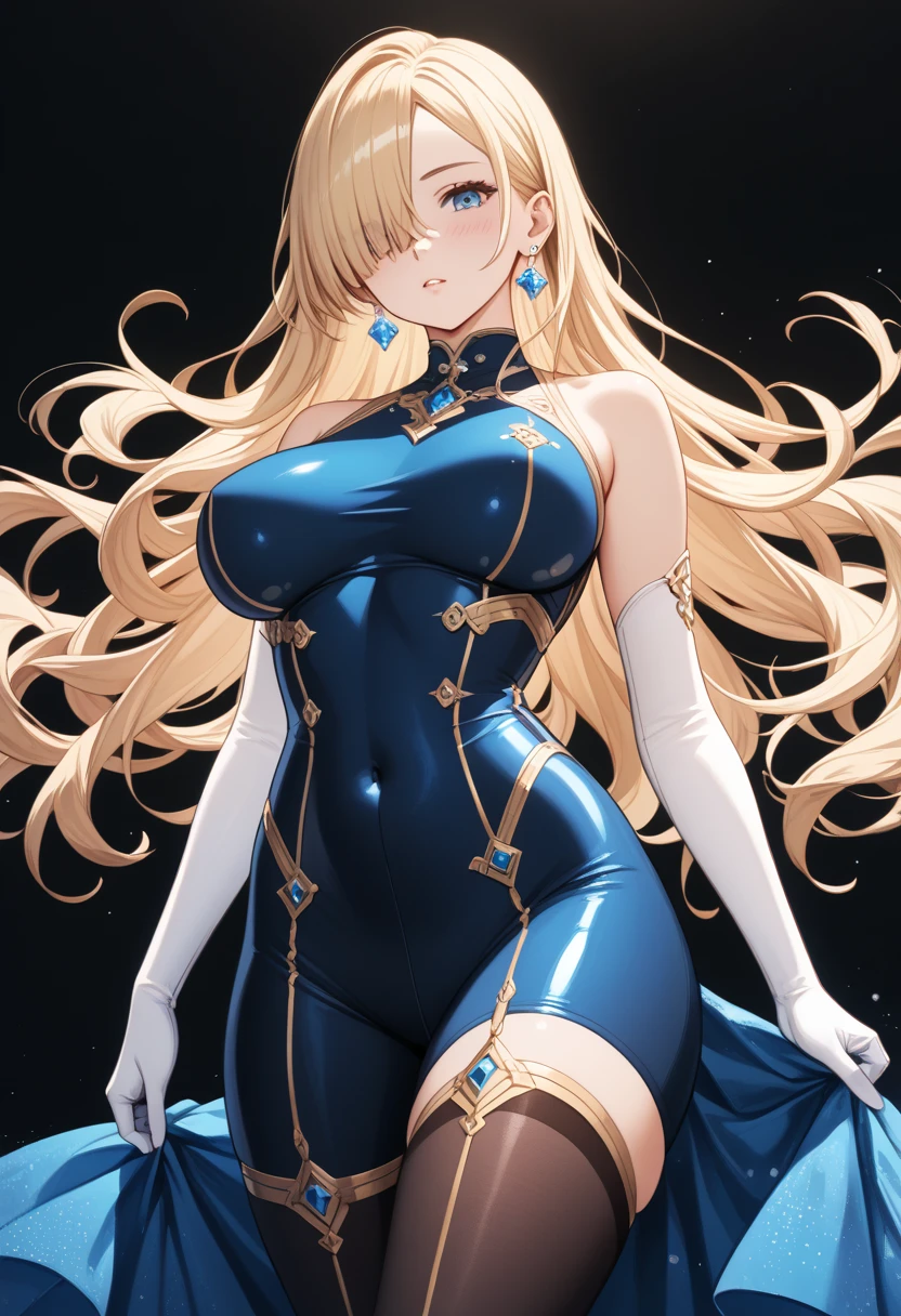 High quality, masterpiece, ultra-detailed, 1girl, blue transparent bodystocking, naked breasts, peaceful expression, long blonde hair, enchanting blue eyes, fox ears, ridiculously large breasts, grabbing own breast, bedroom