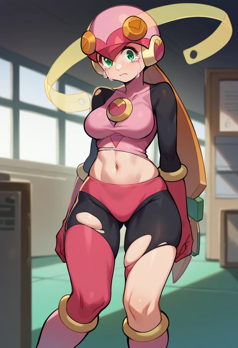 score_9, score_8_up, score_7_up,
roll.exe_(mega_man), helmet, pink bodysuit, green eyes, long hair, pink gloves, knee boots, pink boots,
1girl, solo, torn clothes, torn bodysuit, battle damage , sad, crying, tears, skin tight, large breast,
cowboy shot, indoors, lab, belly button, cleavage, bare shoulders, bare thighs,
