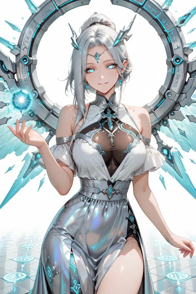 (character//1 girl,((slightly pink white hair:1.2)),(With bangs),(long hair),(Hair with only the tips curled:1.3),BREAK ((blue eyes)),(The inside of your eyes is so clear and beautiful),((small breasts:1.3)),(cleavage:1.3),(slight blush),(A smile that looks like it was made for you),BREAK (fashion//((android:1.2)),((machine body)),(Blue and silver armor like a warrior maiden),(voluminous skirt:1.2),Off-the-shoulder long sleeves,(chain necklace and jewelry),The cuffs of the sleeves are soft),((Transparent butterfly wings on the back)),BREAK (background//A fantasy space where butterflies fly around),(close up of face),(Beautiful with diffused reflection of light:1.3),BREAK pose//((combat readiness:1.2))