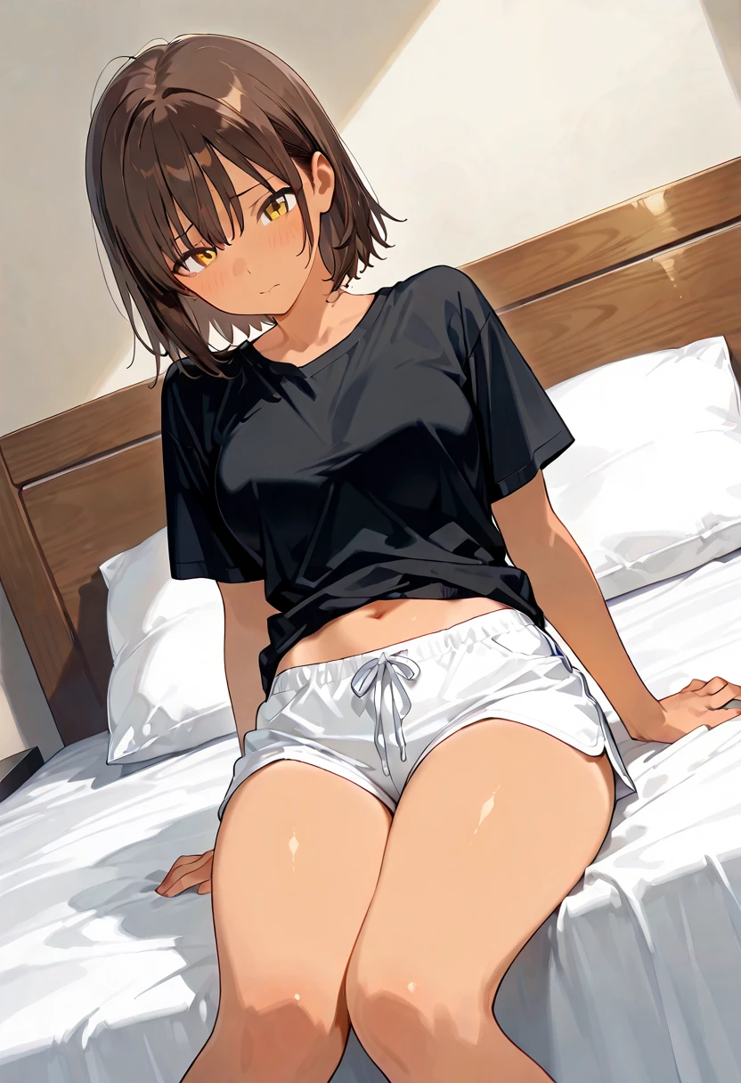2D,highest quality,(masterpiece),(whole body),Aya Shameimaru,Black Hair,(short hair),1 female,ear,(Healthy brown skin:1.6), Shiny skin,Sunburn,(light brown skin:1.5),(Denim hot pants),Tank top,barefoot,barefoot,Sexy bare legs,Attractive thighs,Butt,Total,Bedroom,On the bed,Get drunk with liquor,Sweat,Superior,cheeks are bright red,Get a good night's sleep,Sleeping on your stomach,Sleeping face like an angel,Cute with bruises,erotic,I feel it,Denim hot pants,night,Breathe heavily,Sexy as a little devil,I love you、Angle shot from directly above