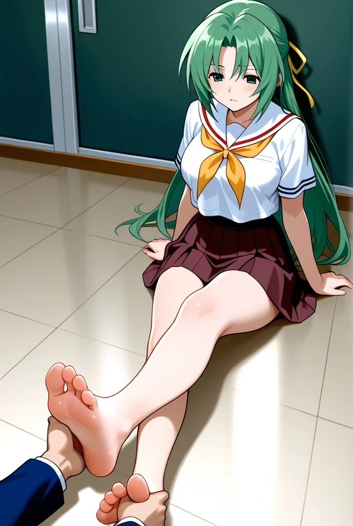 A woman sitting on a chair with her foot up, green hair, skirt, shirt, white socks, towering over you, pov, looking down at you, smirk