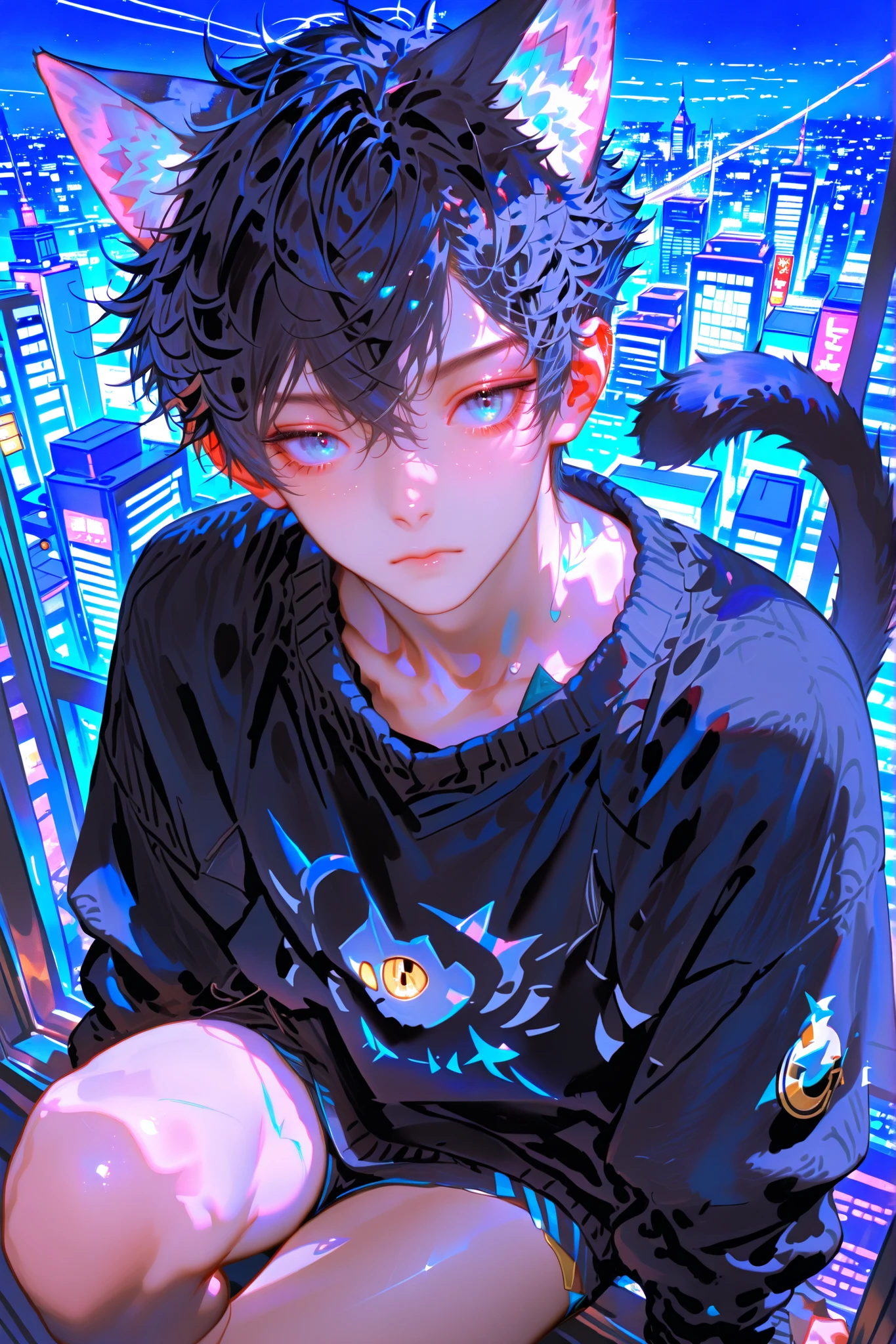 masterpiece, best quality, detailed eyes, semi realistic, 8k, boy, black sweater, emotionless, black hair, handsome, a bit cute, pixie hair, realistic hair, odd eye, blue eye, yellow eye, cat ears, cat tail, solo character, sitting on window, night city background, black jean
