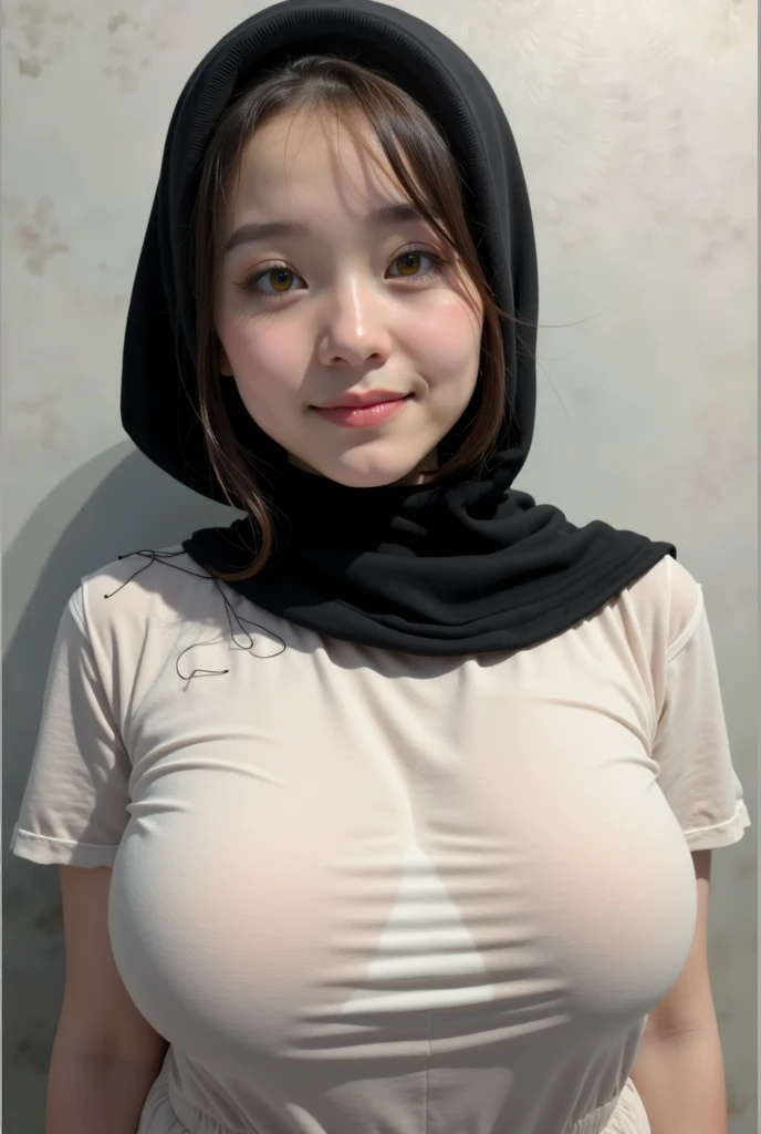 Jumbo (Singlet), Chubby adorable, 1 girl, (face to face), , baby face, angry face expression, half body portrait, (face details: 1), (eye details: 1), ((big breasts)). wearing transparent transparency soft long shirt, hijab, .. Cute posed. proportional body. Ultra High Res. realistic: 1.4, UHD, ((flowers pattern)), ((Bigger:2.3)), (((DARK BACKGROUND)))