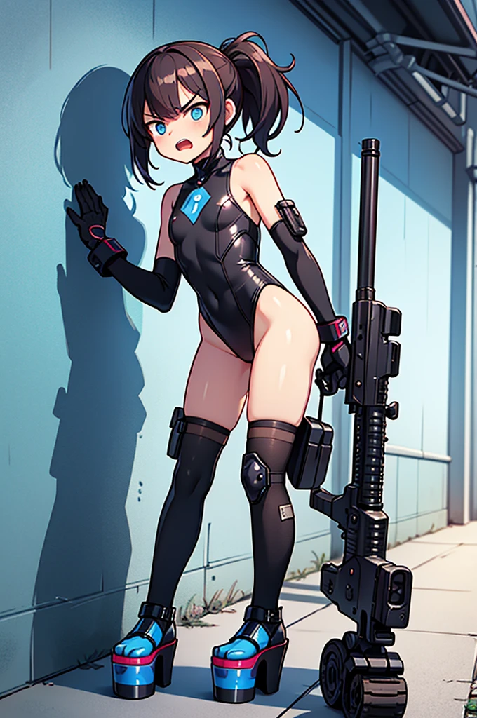 Ten_years_old girl, high cut leotard, freckled skin, body freckles, fighting, angry, gun, fullbody, standing, high heels, short curly hair, smile showing teeth, open mouth, tongue out, hair clip, Cyberpunk, tight stockings,