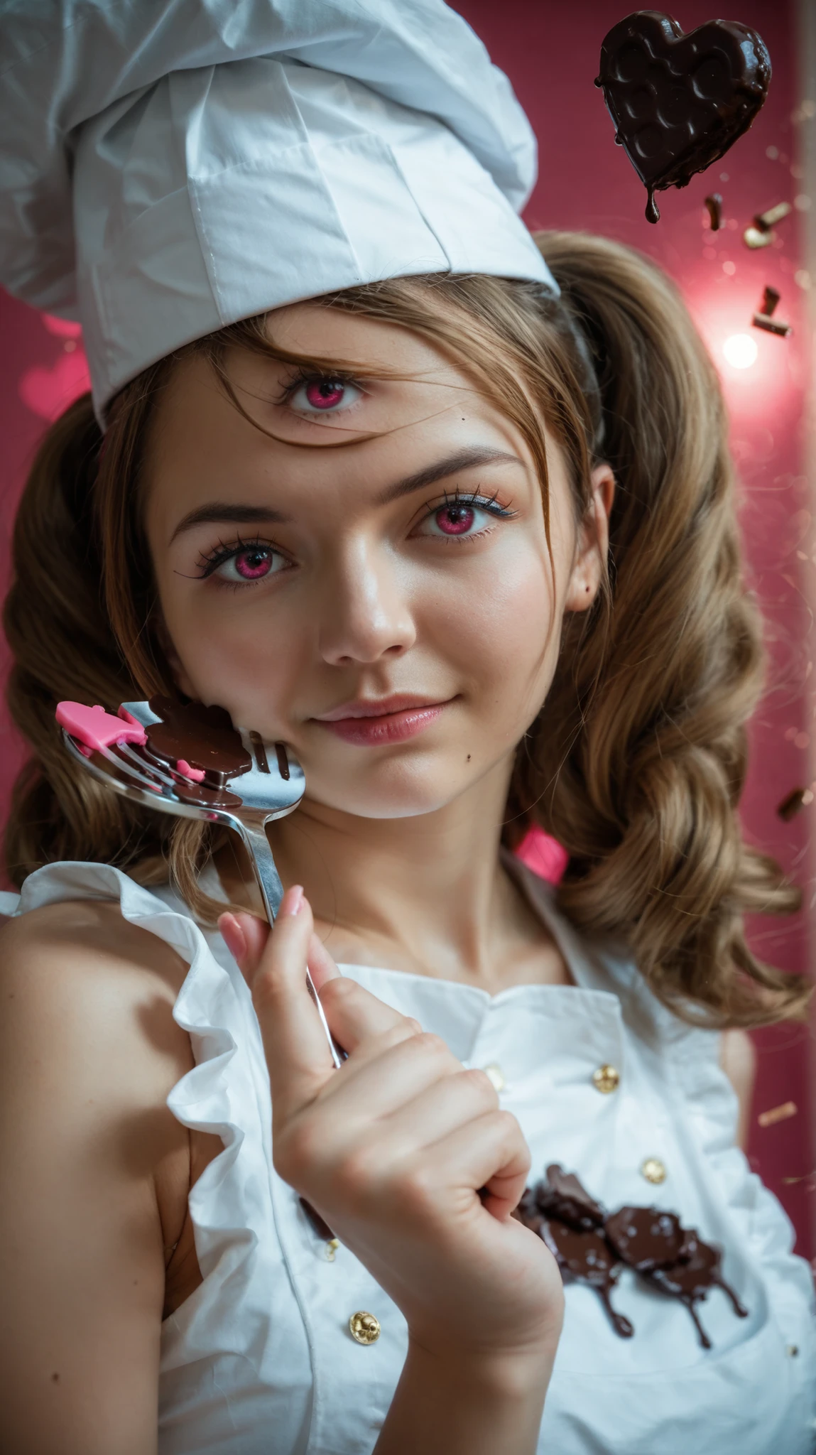 Score 9, Score 8, Score 7, Charlotte Pudding, female, in hyper-realistic anime style. One eye subtly hidden on forehead, three eyes, one eye on forehead. Set in a magical pastry shop with a vibrant and dynamic atmosphere. Featuring a white chef outfit with a pink bow at the waist and a tall chef hat, holding a spatula with a fierce expression, in an action pose with a closed fist and arm raised, light brown hair in voluminous pigtails, chocolate swirls, liquid chocolate floating, floating swirls of thick, glossy chocolate surrounding her in mid-air with realistic movement and texture, bright pink sparkles and heart-shaped light particles in the background, realistic textures on fabrics, soft glow on skin and clothing, emulating a Sony Alpha 7R IV with a 35mm f/1.8 lens, with dramatic cinematic lighting, composed with a dynamic diagonal angle and medium ground perspective. Asian, beautiful (25 years old), toned abdomen, charming, and highly detailed