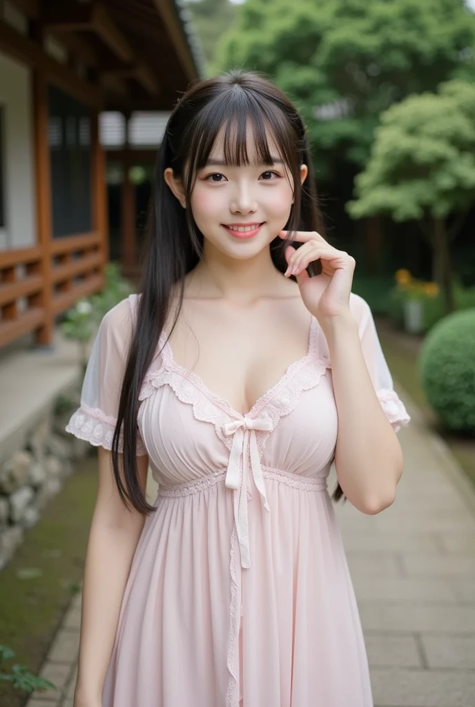 (highest quality,masterpiece:1.3,Ultra-high resolution),(Very detailed、Caustics) (Realistic:1.4, RAW shooting、)Ultra-Realistic Capture、Very detailed、Natural skin texture、masterpiece、(Japanese woman in a sleeveless light pink summer dress:1.3)、Adorable expression、Expressions of happiness、14 years old、Height: 160cm、Young Face、Amazingly cute、Twin tails、Curly Hair、Scrunchie、Black Hair、light makeup、necklace、H cup big breasts、Shining thighs、Skin arm、Background in detail、smile、An inviting gaze、Anatomically correct、Cowboy Shot、Attention to detail、Photographed on the main street of a summer resort、Empty Hands、