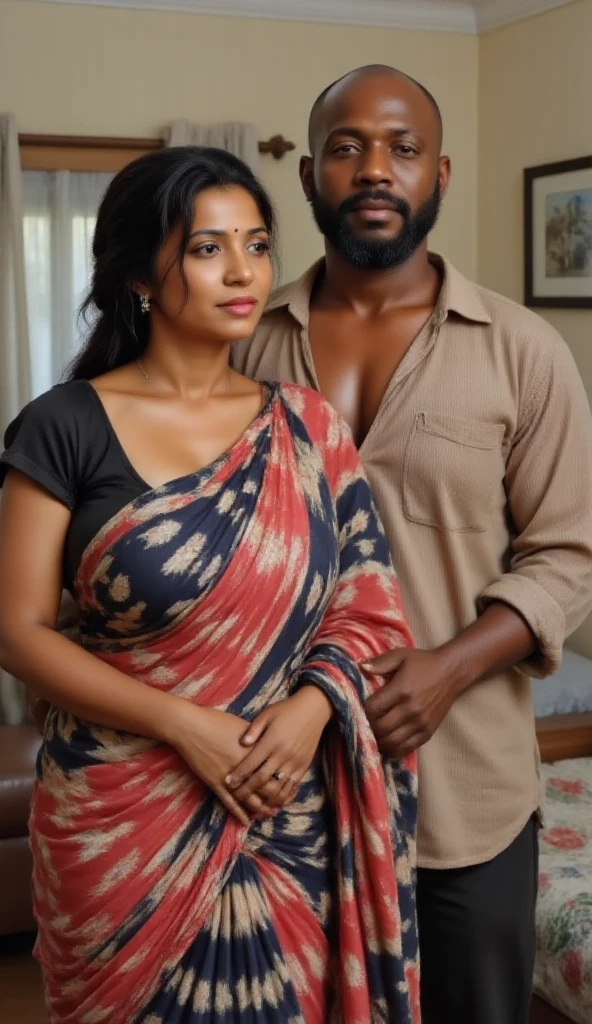hot slim curvy white south indian milf with long single plaited hairstyle, big breast, big hip, very big ass, thick thighs, woman wearing saree pallu down, cleavage, indian couple, very short indian black man with short haircut, muscular body and big moustache, man wearing shorts, woman with man, couple in house, high resolution, couple looking at camera, tall woman and short man, close-up potrait, Closed Mouth, serious face, front full body view, bright lighting, man choking woman neck, group of man and one woman