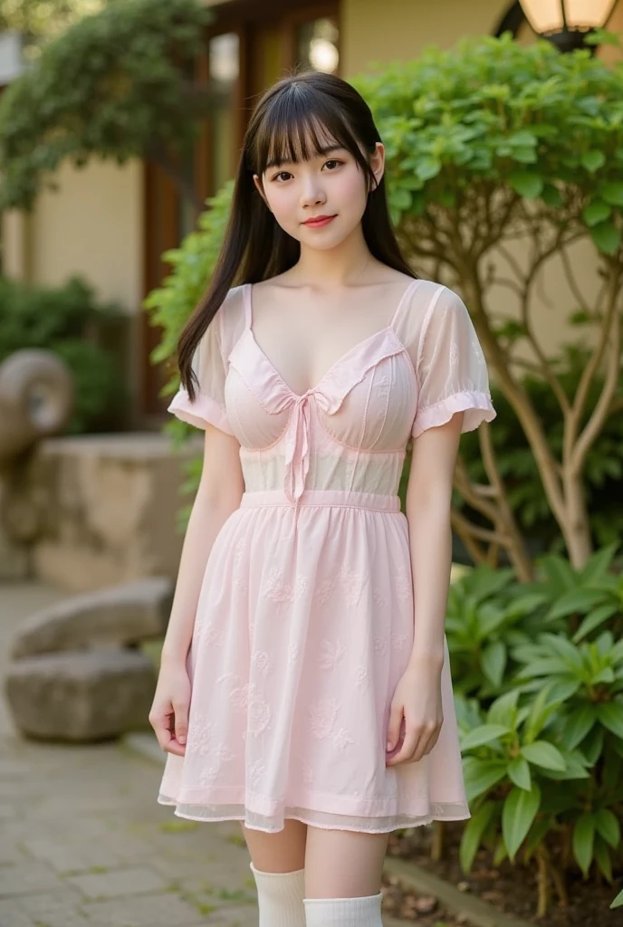 ((of the highest quality, 8K, masutepiece: 1.3, Raw photo)), Sharp Focus: 1.2, (1 AESPA Girl :1.1), Solo, (Realistic, Photorealistic: 1.37), (Face Focus: 1.1), Cute face, hyperdetailed face, short messy hair, Small Smile, small breasts, flat chest, full nude, Off-the-shoulder chiffon dress, standing show panties, from below, (night bar: 1.1), flower, iris