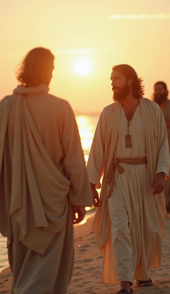 Uma praia deserta, dois homens amigos, one of them is Jesus Christ, caminhando ao longe lado a lado, deixando pegadas na areia ao entardecer, , Best Definition, 4k, fotorrealista
