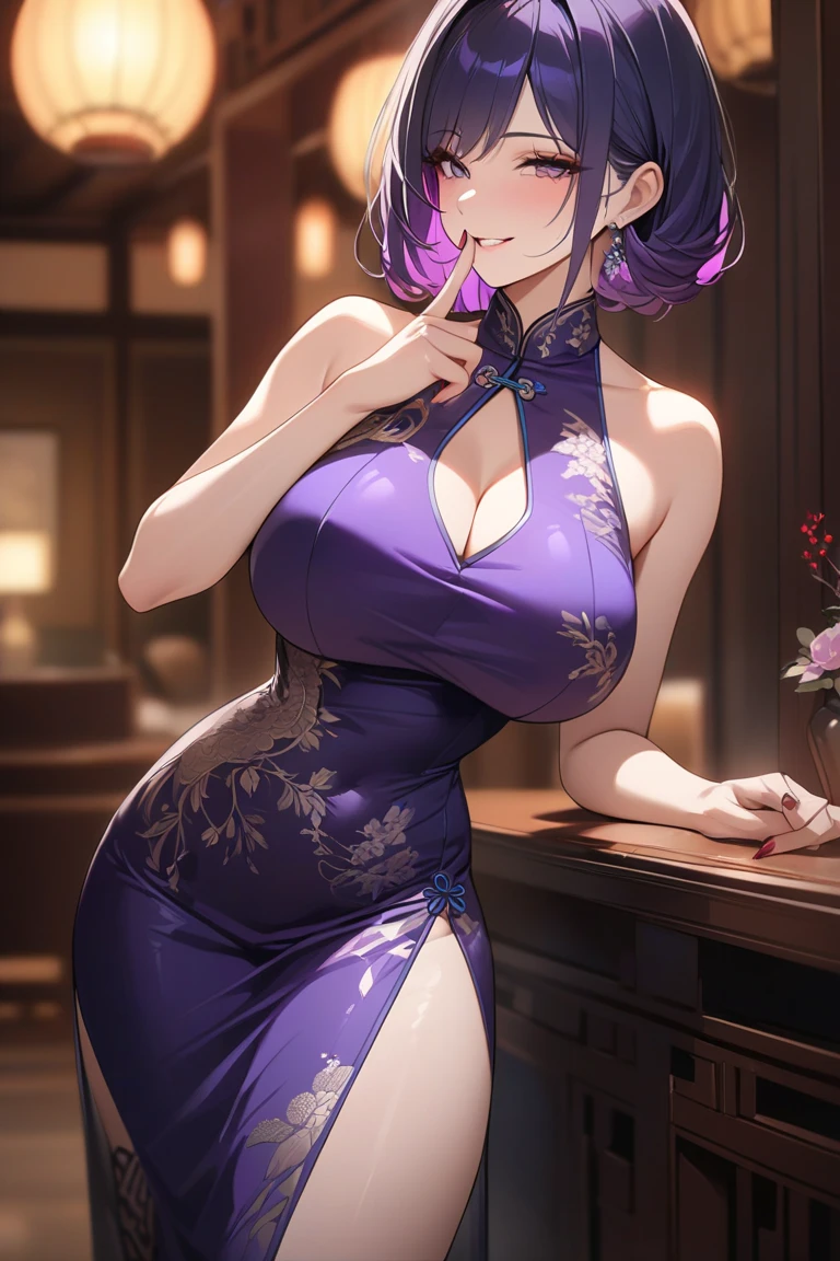 8k, masterpiece, best quality, highly detailed, 1girl, tiefling, chinese dress, stethoscope, multicolored hair, very short straight hair green highlight hair on white hair, strippled hair, wearing glasses, earrings, necklace, mole, glowing green eyes, glamorous, hospital, teal and purple dress, butterfly, high heels, navel piercing, villainy, smirk, seductive pose, close up view, rings, looking at viewer, demon horns, standing, medical equipment.