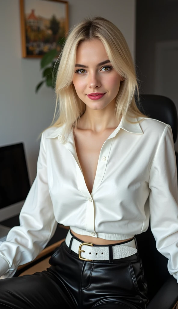 (Masterpiece, Hyperrealistic, 8k, HDR, RAW), ((Natural illumination)), ((Full body shot)), sunset illumination, glass panel at background, (((In a modern office))), ((Pretty girl)), American girl, cute girl, ((Pale skin)), 18 years old, ((Blonde hair)), ((Green eyes)), ((Cloudy day)), ((White blouse)), ((Leather trousers)), ((Looking at viewer)), ((Laurel wreath)), ((Short messy hair)), ((Petite body)), cute face, blush, big eyes, grin, perfect anatomy