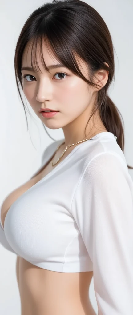Asian Woman (Unbuttoned white shirt, cover,), necklace, Small breasts, Round shaped breasts, ((she)), ((Mid Shot, whole body, Narrow waist)), Updo、 Glowing Eyes, Red nose, Carl Larson, Alphonse Mucha, Chiaroscuro, Movie Glen, reflected light, (((Long Shot))), From knee to top,Long Shotショー (((whole body))), masterpiece, Attention to detail, ((Gray background, Studio Light )) running